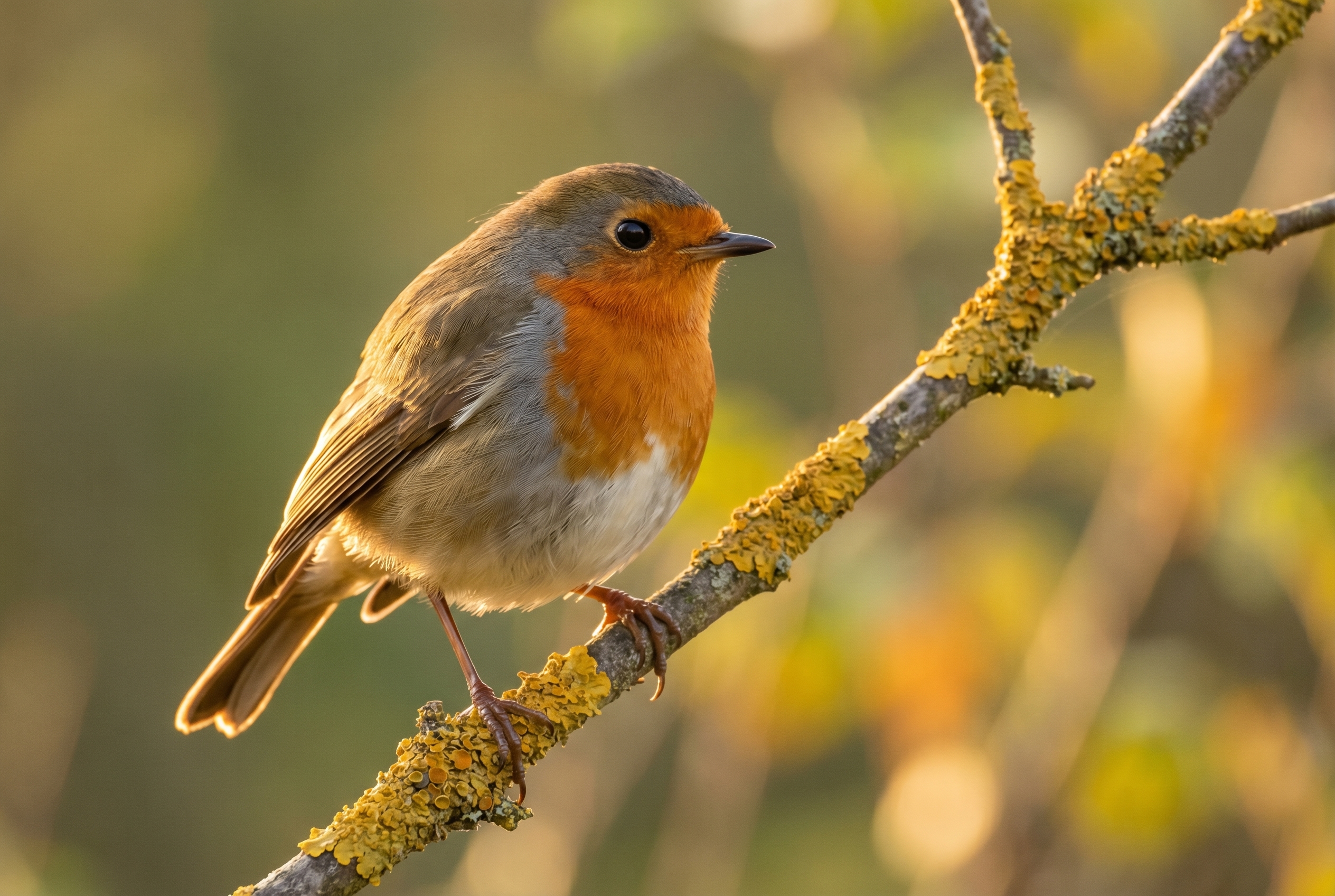 Gros plan d'un rouge-gorge sur une branche, illustrant la faible profondeur de champ pour apprendre la photo et quitter le mode automatique.