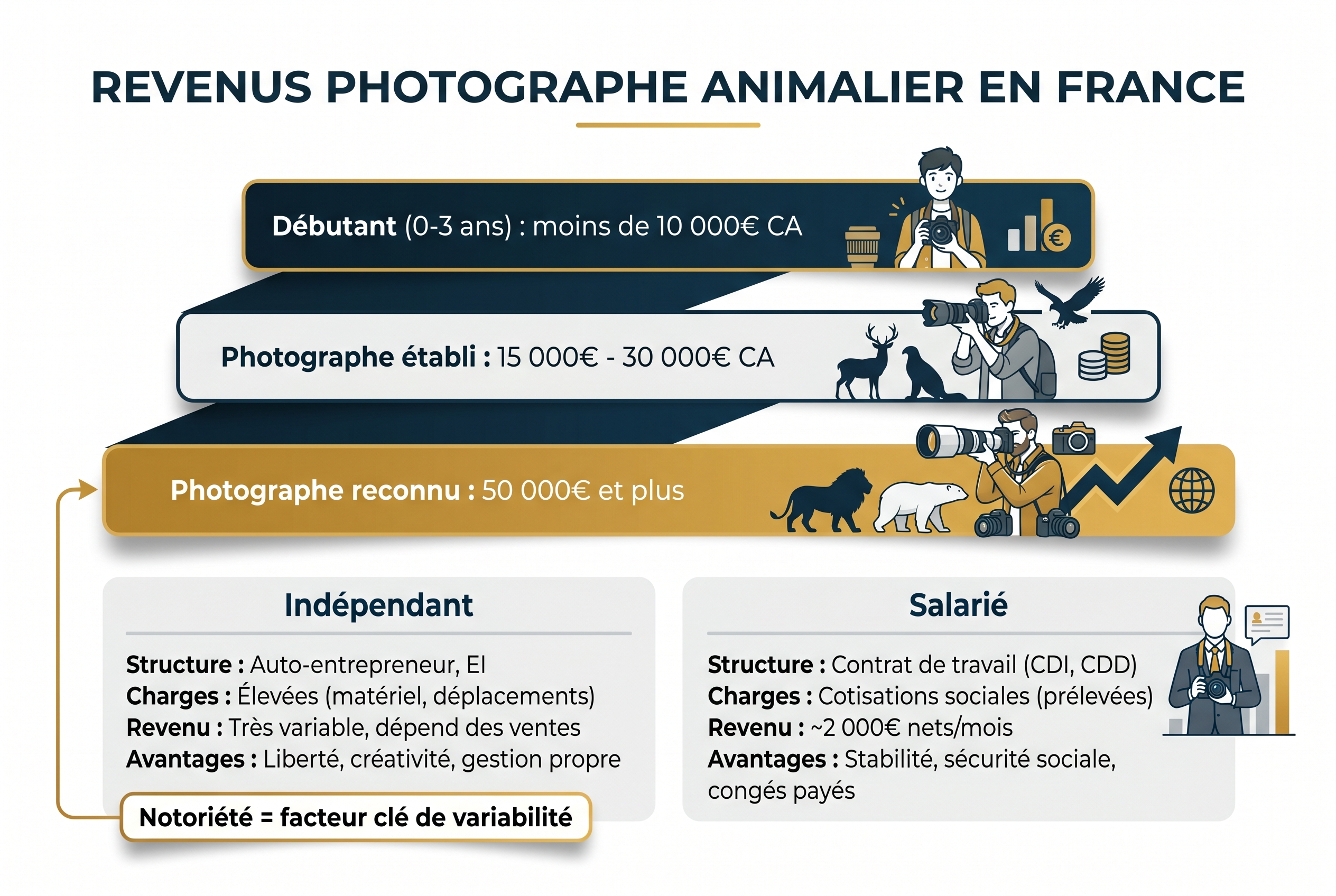 Salaire photographe animalier : combien peut-on vraiment gagner ? 18 Infographie pédagogique détaillant le salaire d'un photographe animalier en France selon l'expérience (débutant, établi, reconnu) et le statut juridique.