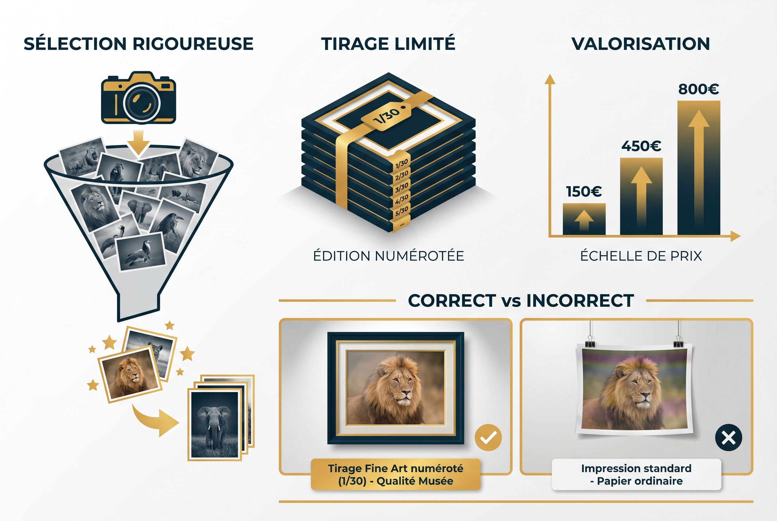 Salaire photographe animalier : combien peut-on vraiment gagner ? 26 Illustration pédagogique expliquant comment générer un revenu de photographe animalier via la vente de tirages d'art : sélection, édition limitée et stratégie de prix.