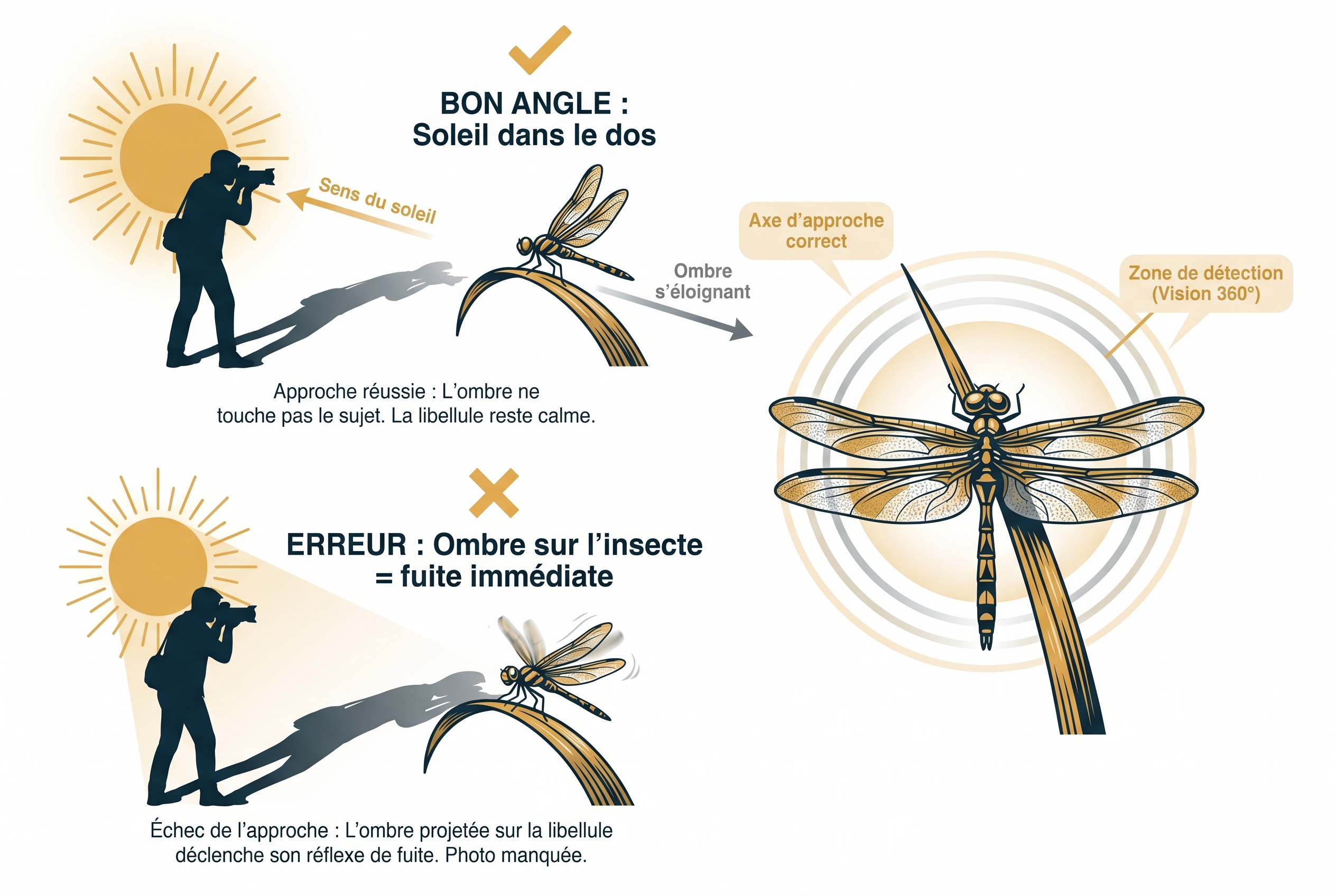 Illustration pédagogique expliquant comment photographier les libellules en évitant de projeter son ombre sur l'insecte : comparaison entre le bon angle d'approche et l'erreur de placement face au soleil.