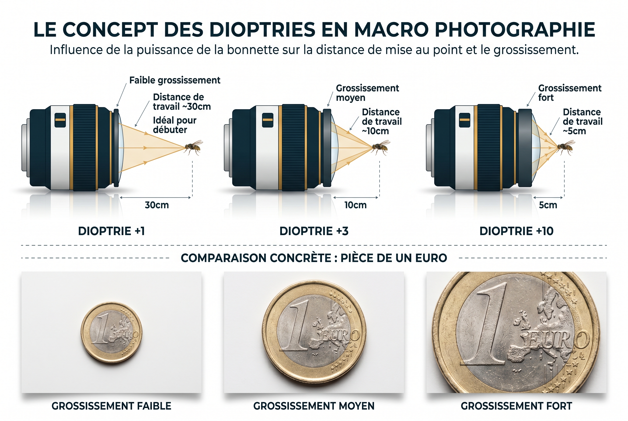 Illustration pédagogique comparant les effets des bonnettes macro +1, +3 et +10 dioptries sur le grossissement et la distance de mise au point d'une pièce d'un euro.