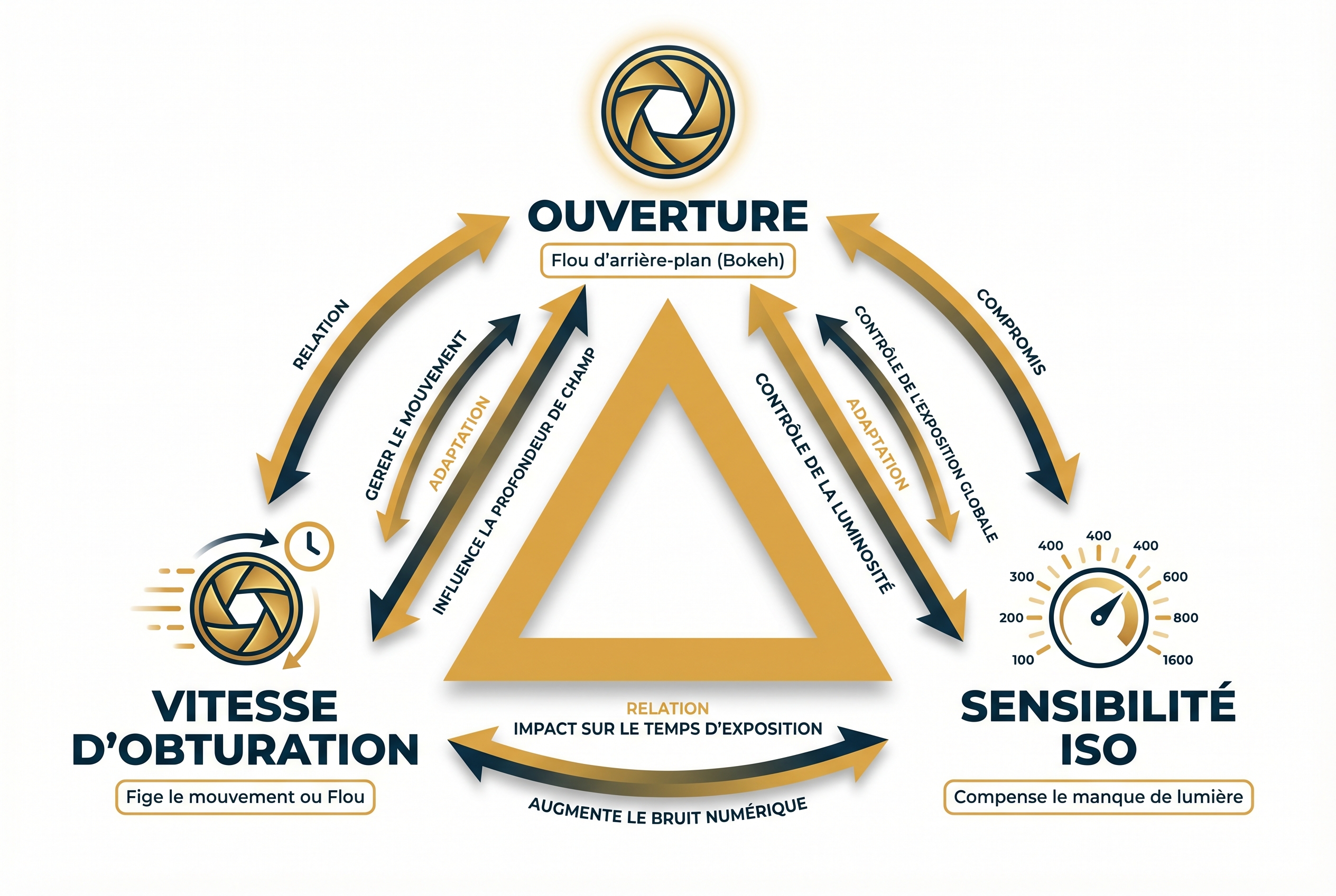 Schéma pédagogique du triangle d'exposition expliquant l'ouverture, la vitesse d'obturation et la sensibilité ISO pour débutants.