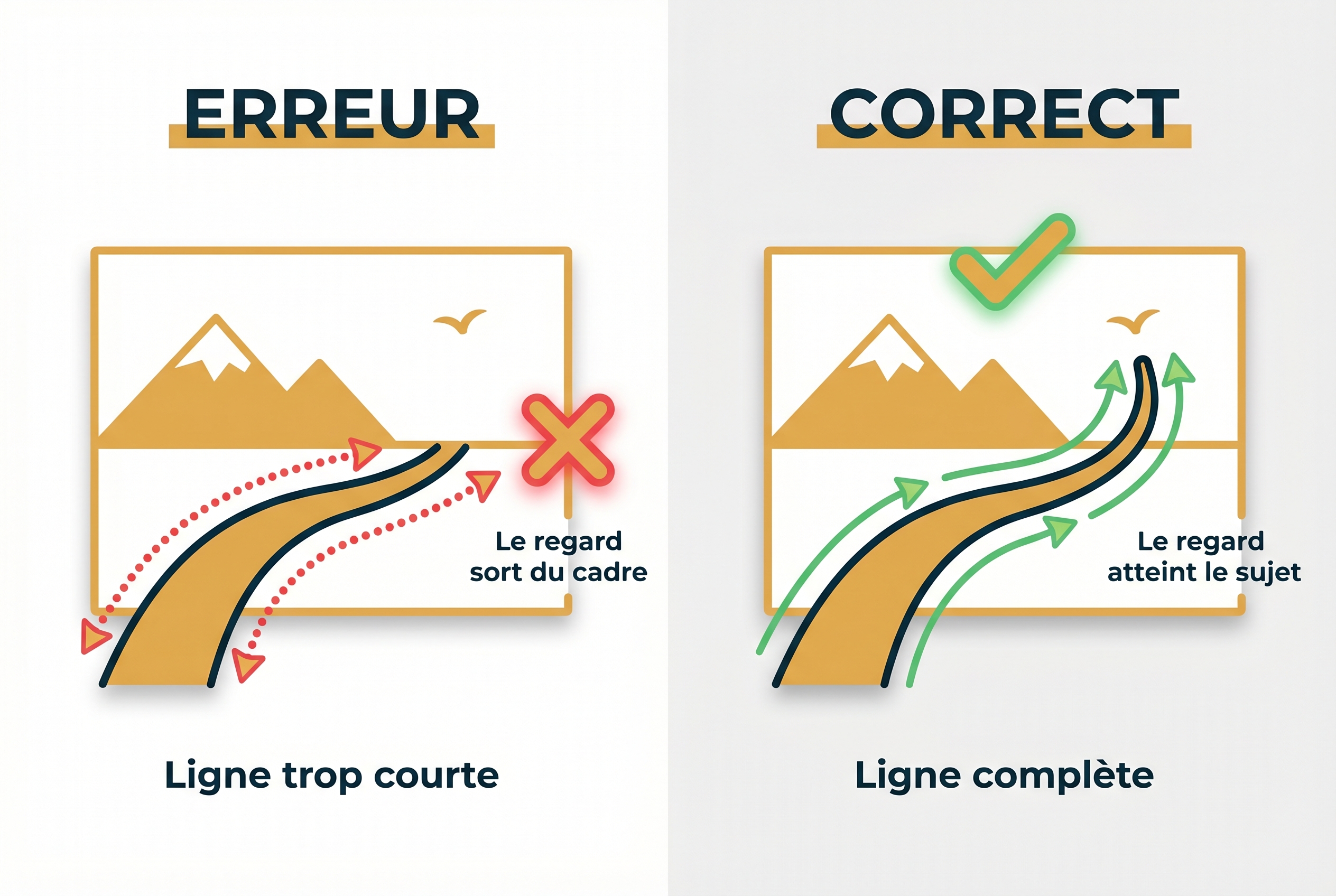 Schéma pédagogique comparant une mauvaise et une bonne utilisation des lignes directrices en photographie pour diriger le regard vers le sujet.