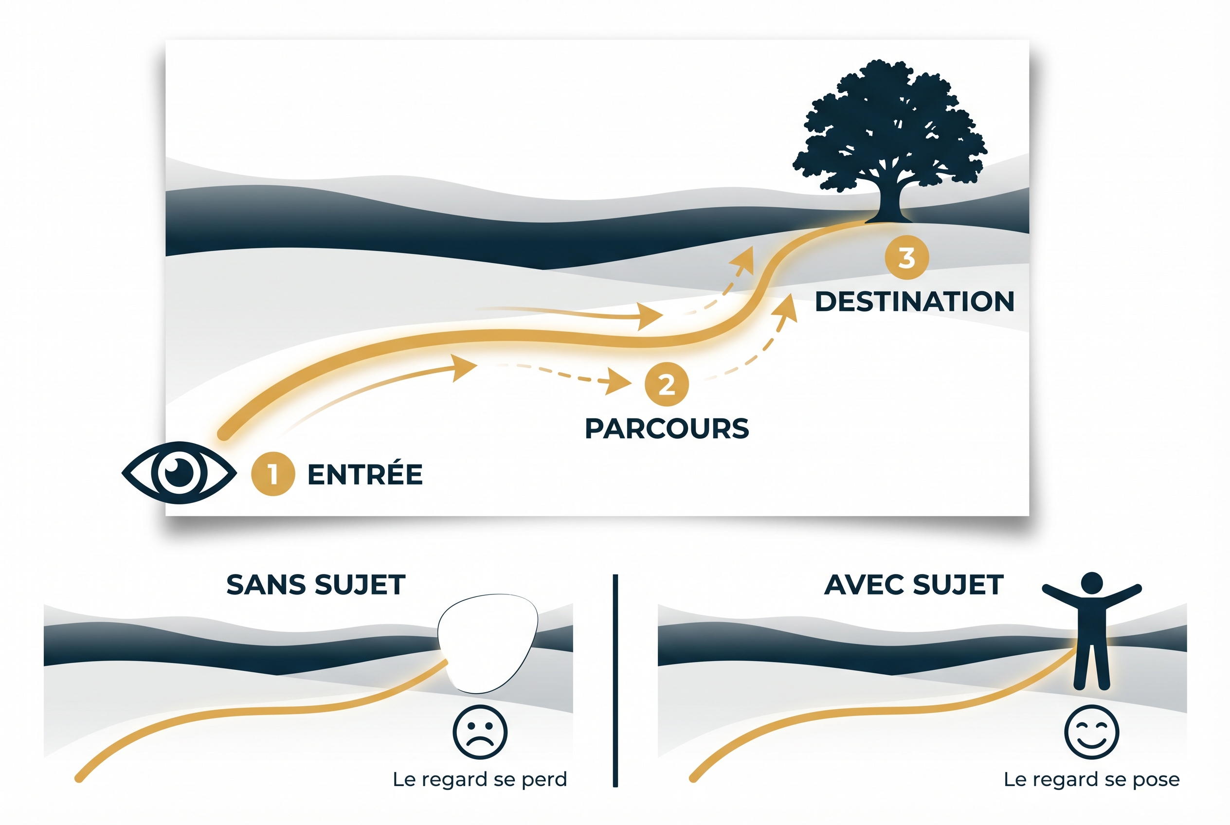 Illustration pédagogique montrant les 3 étapes d'une ligne directrice en photographie : entrée du regard, parcours visuel et destination vers le sujet.