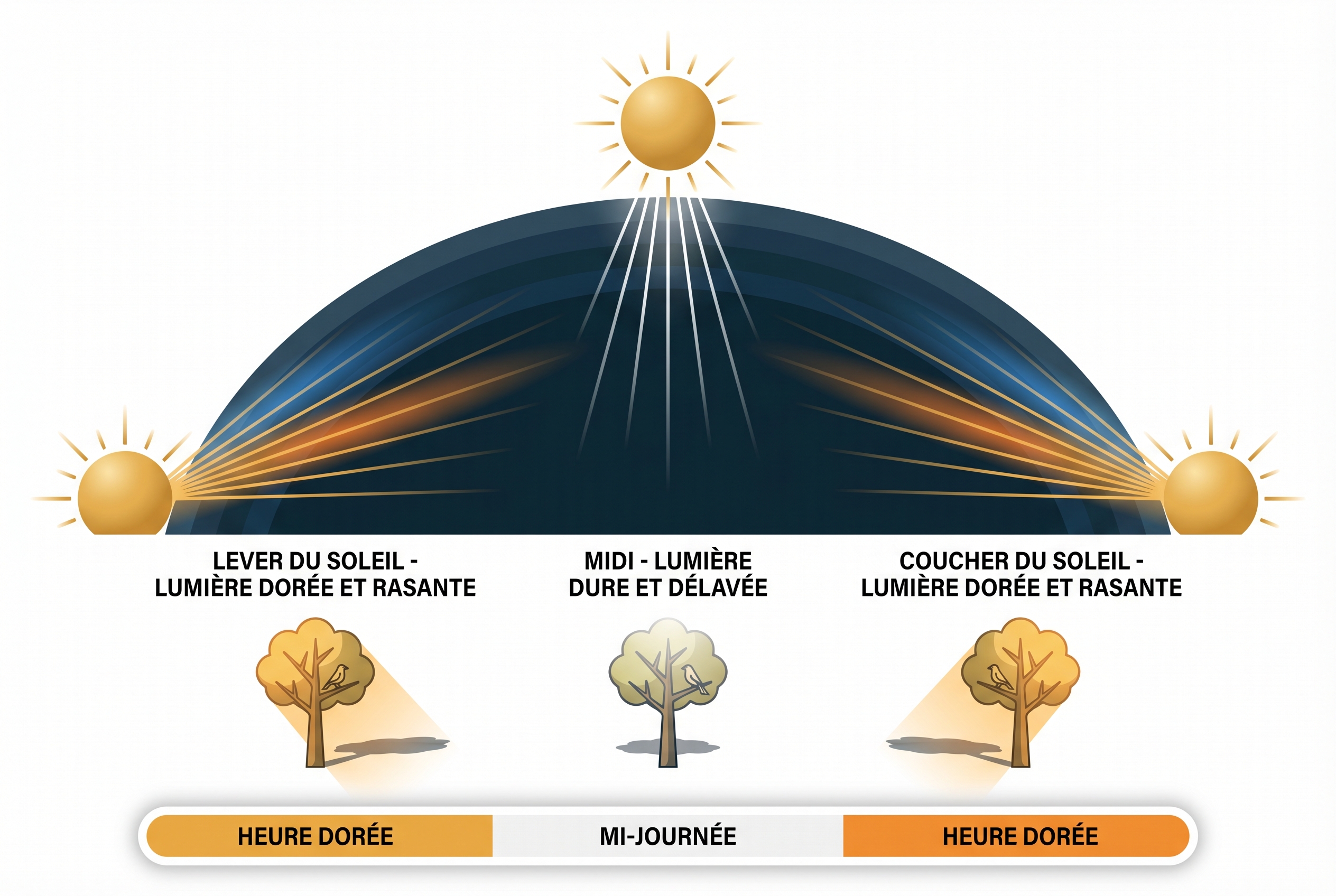 Illustration pédagogique montrant la différence entre la lumière dorée (golden hour) et la lumière dure de midi pour photographier la nature.