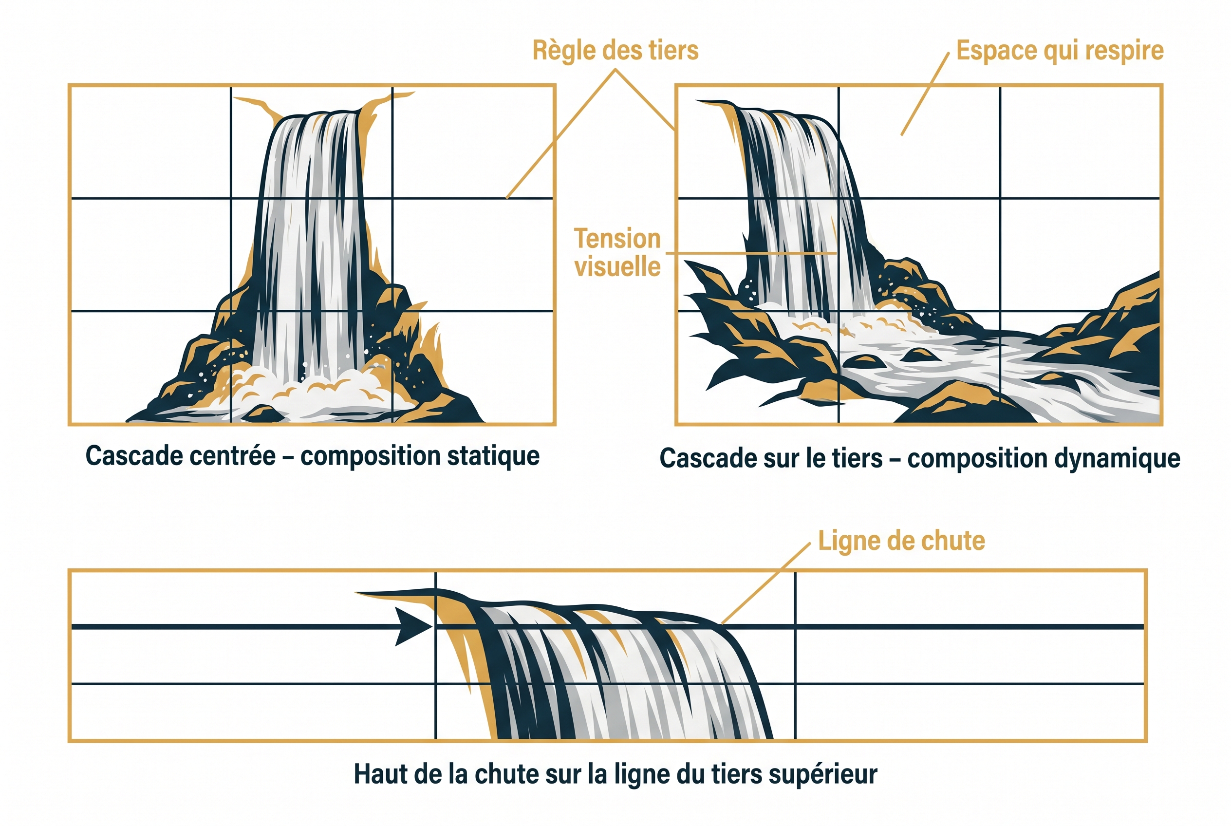Infographie pédagogique expliquant comment photographier une cascade avec la règle des tiers pour une composition dynamique.