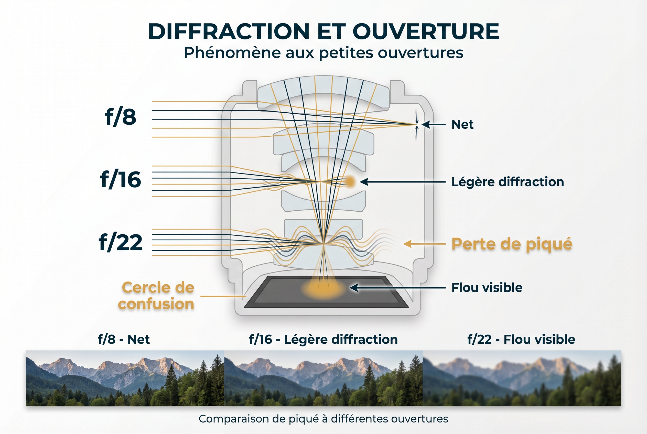 Ouverture du diaphragme : comprendre son fonctionnement 26 Illustration pédagogique comparant l'impact de l'ouverture du diaphragme sur la diffraction et la netteté de f/8 à f/22.