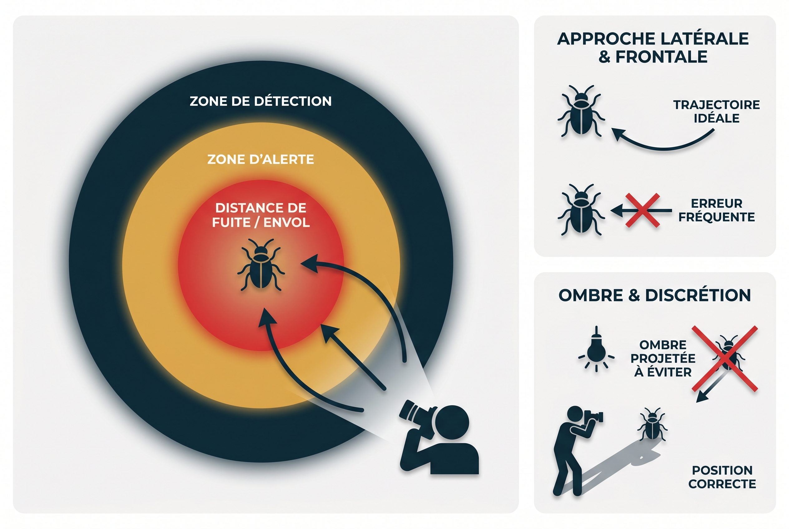 Illustration pédagogique expliquant la distance de fuite pour photographier les insectes : zones de détection, trajectoire d'approche idéale en arc et gestion de l'ombre portée.