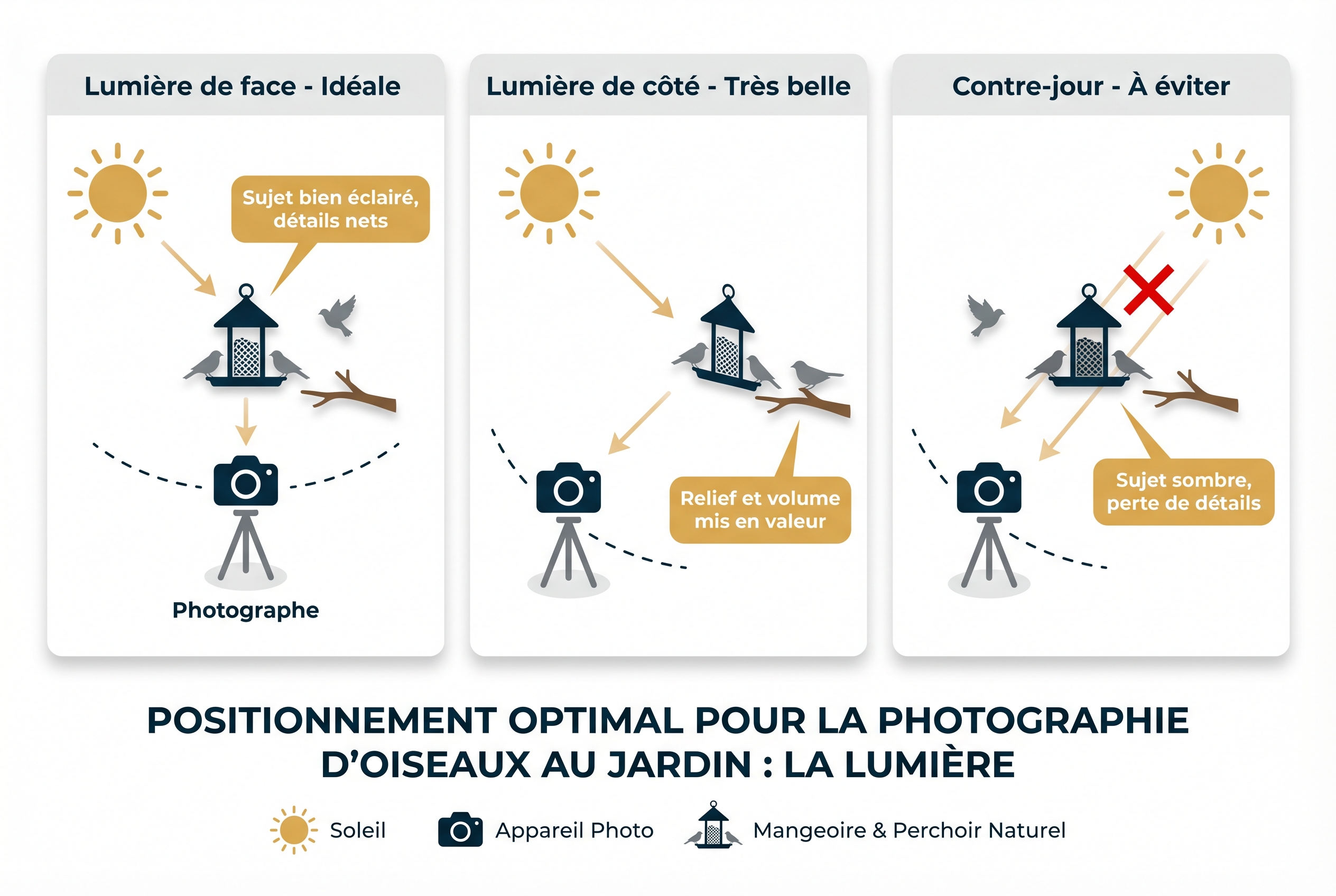 Comment photographier des oiseaux : le guide complet 23 Schéma pédagogique expliquant comment positionner une mangeoire et un affût par rapport au soleil pour photographier des oiseaux avec une lumière optimale.