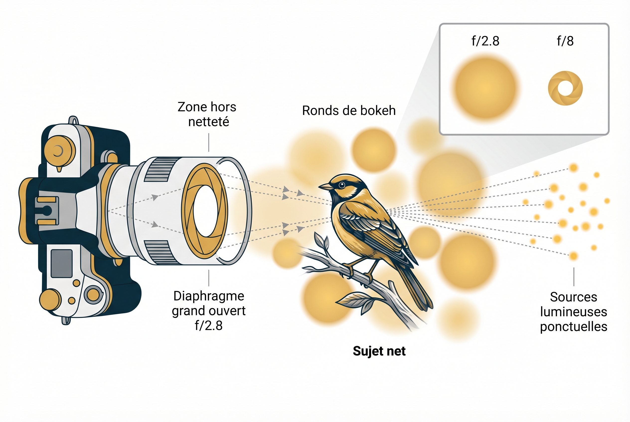 Le bokeh photo : le secret des flous artistiques 26 Schéma pédagogique montrant la formation du bokeh en photographie de nature : comparaison entre une ouverture f/2.8 et f/8 sur un oiseau.