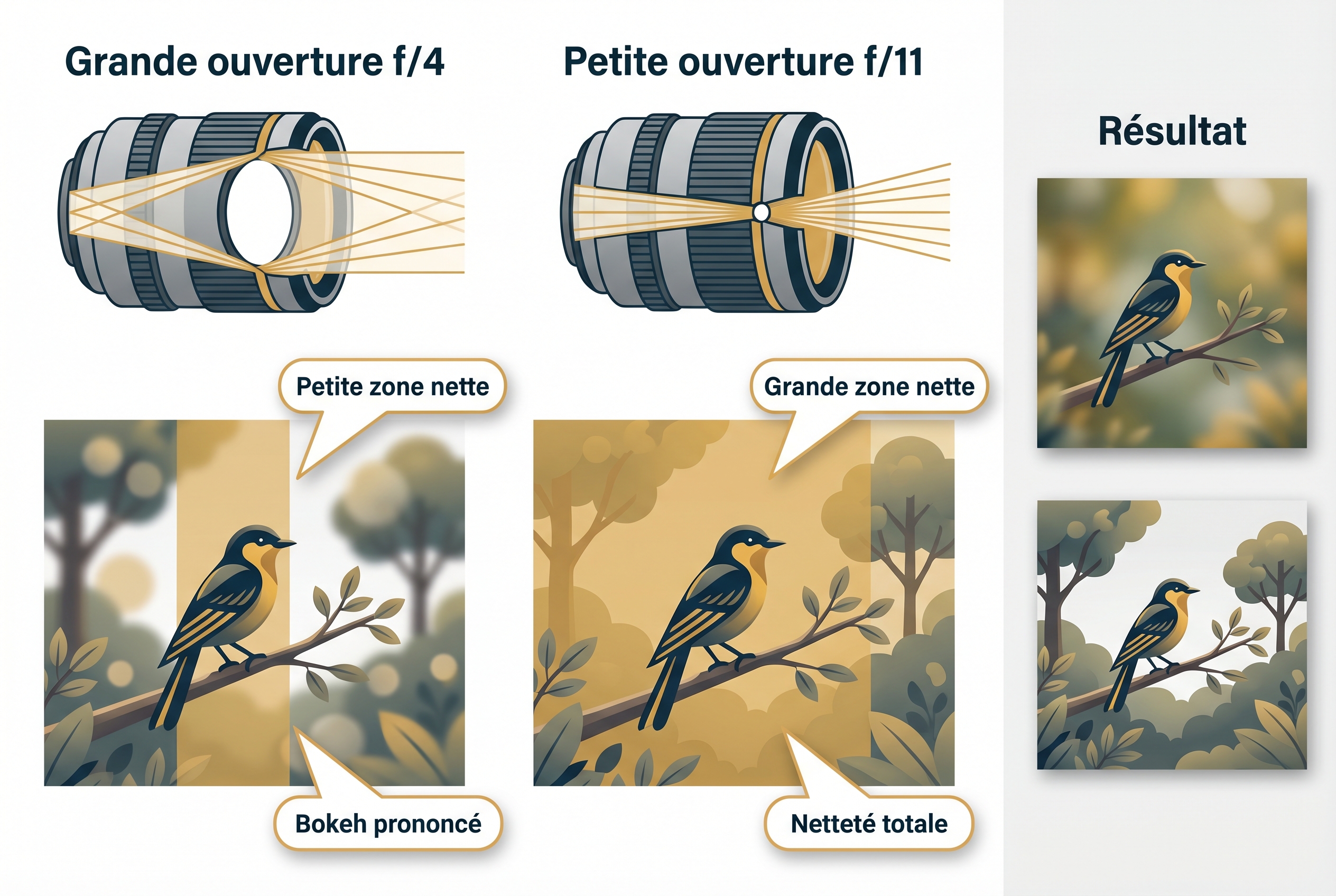 Ouverture du diaphragme : comprendre son fonctionnement 20 Schéma pédagogique comparant l'ouverture du diaphragme f/4 et f/11 pour illustrer la profondeur de champ et le bokeh sur un oiseau.