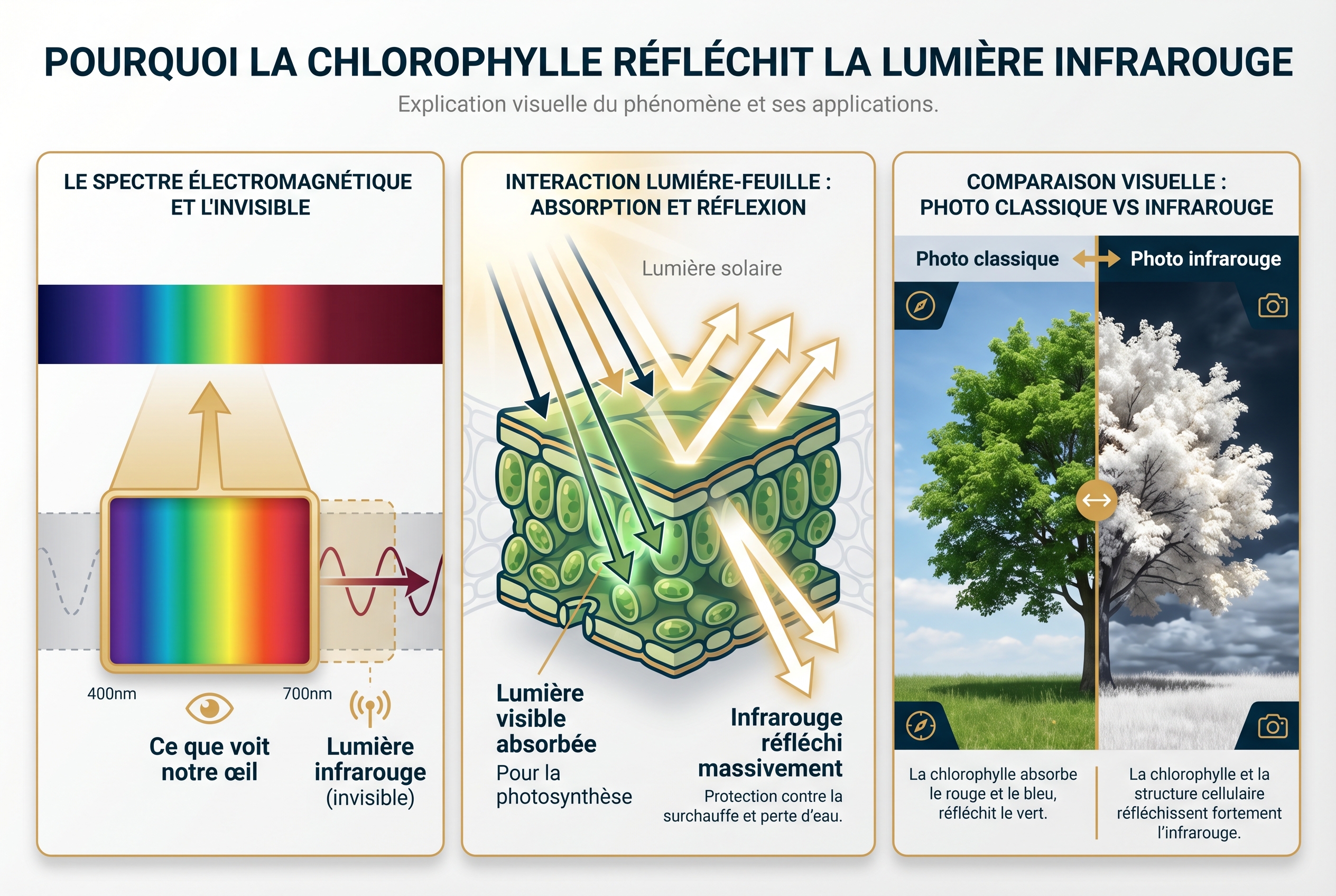 Illustration pédagogique en trois parties expliquant le spectre infrarouge, le fonctionnement de la chlorophylle et la différence visuelle entre photo classique et infrarouge.