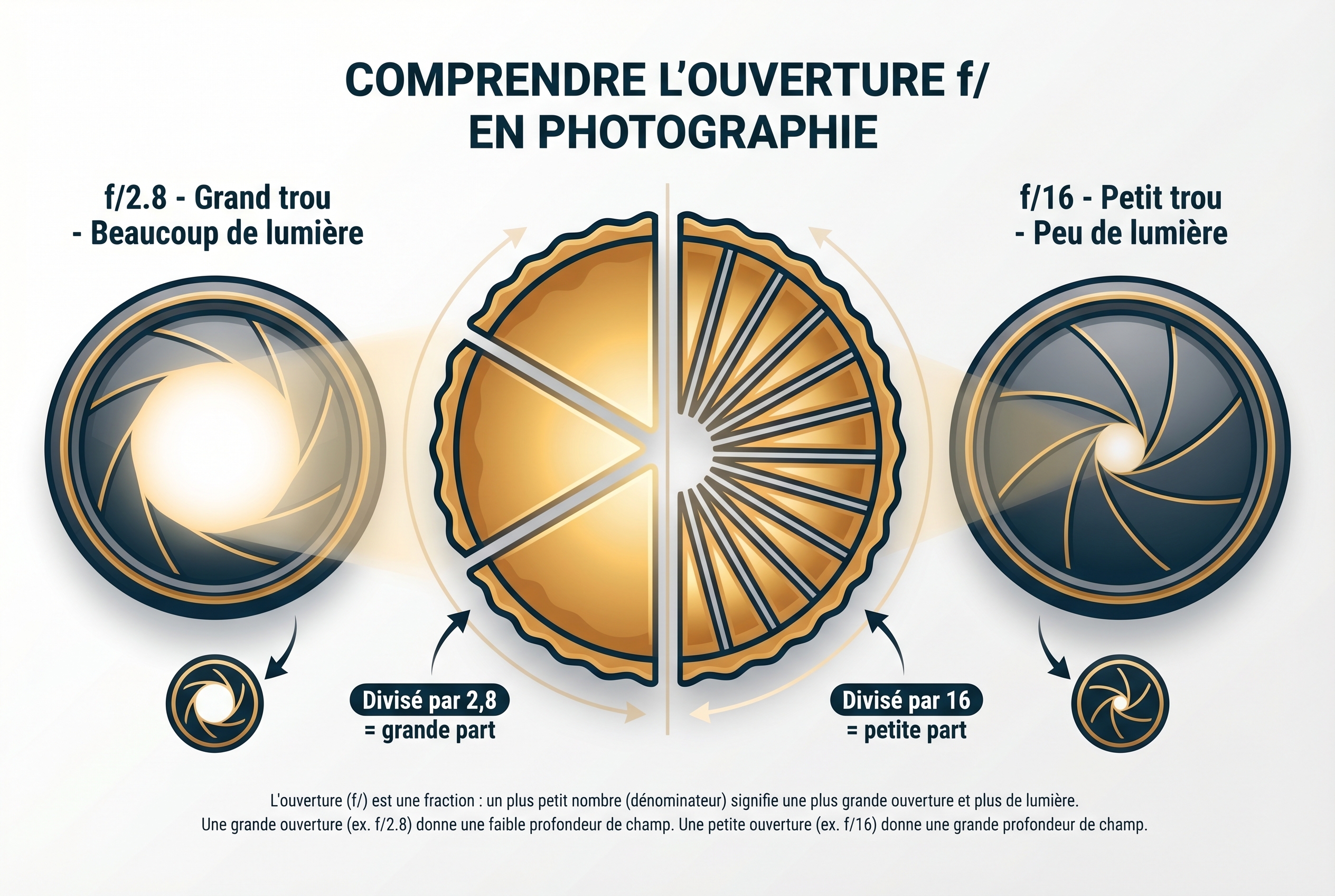Ouverture du diaphragme : comprendre son fonctionnement 16 Schéma pédagogique expliquant l'ouverture du diaphragme : comparaison entre f/2.8 (grande ouverture) et f/16 (petite ouverture) avec la métaphore des parts de tarte.