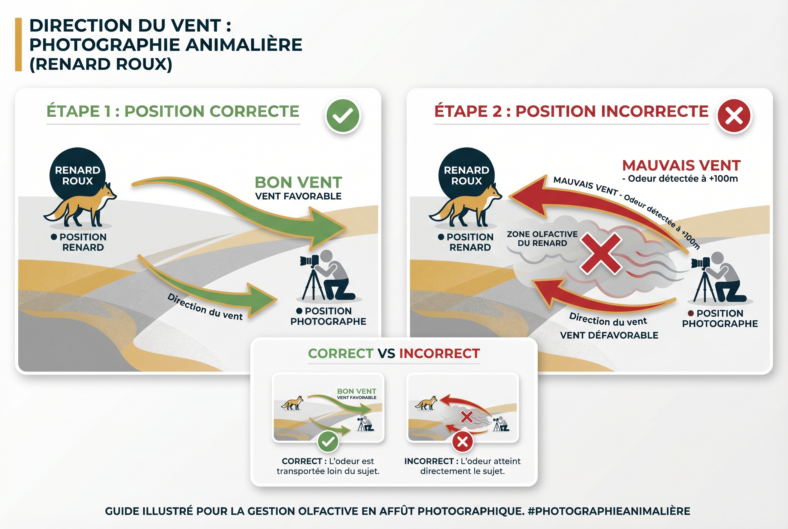 Schéma pédagogique expliquant la direction du vent (bon vent vs mauvais vent) pour photographier le renard sans être détecté par l'odeur.