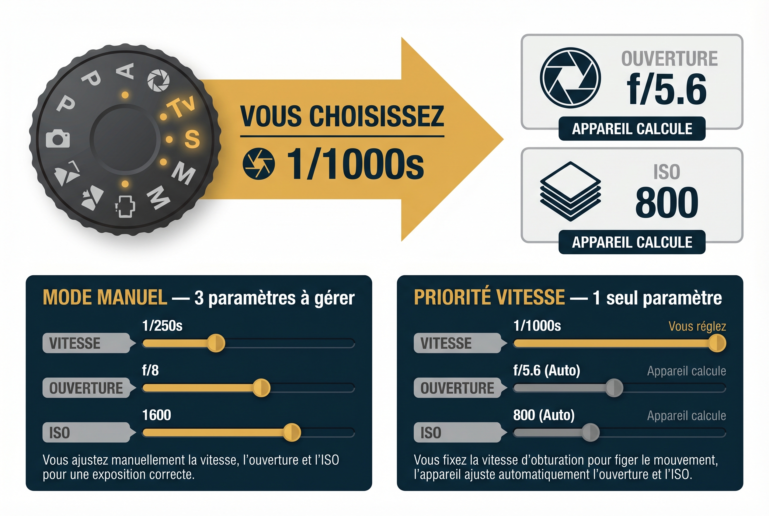 Infographie pédagogique expliquant le fonctionnement du mode Priorité Vitesse (Tv/S) : le photographe choisit la vitesse d'obturation (1/1000s) et l'appareil calcule automatiquement l'ouverture et les ISO.