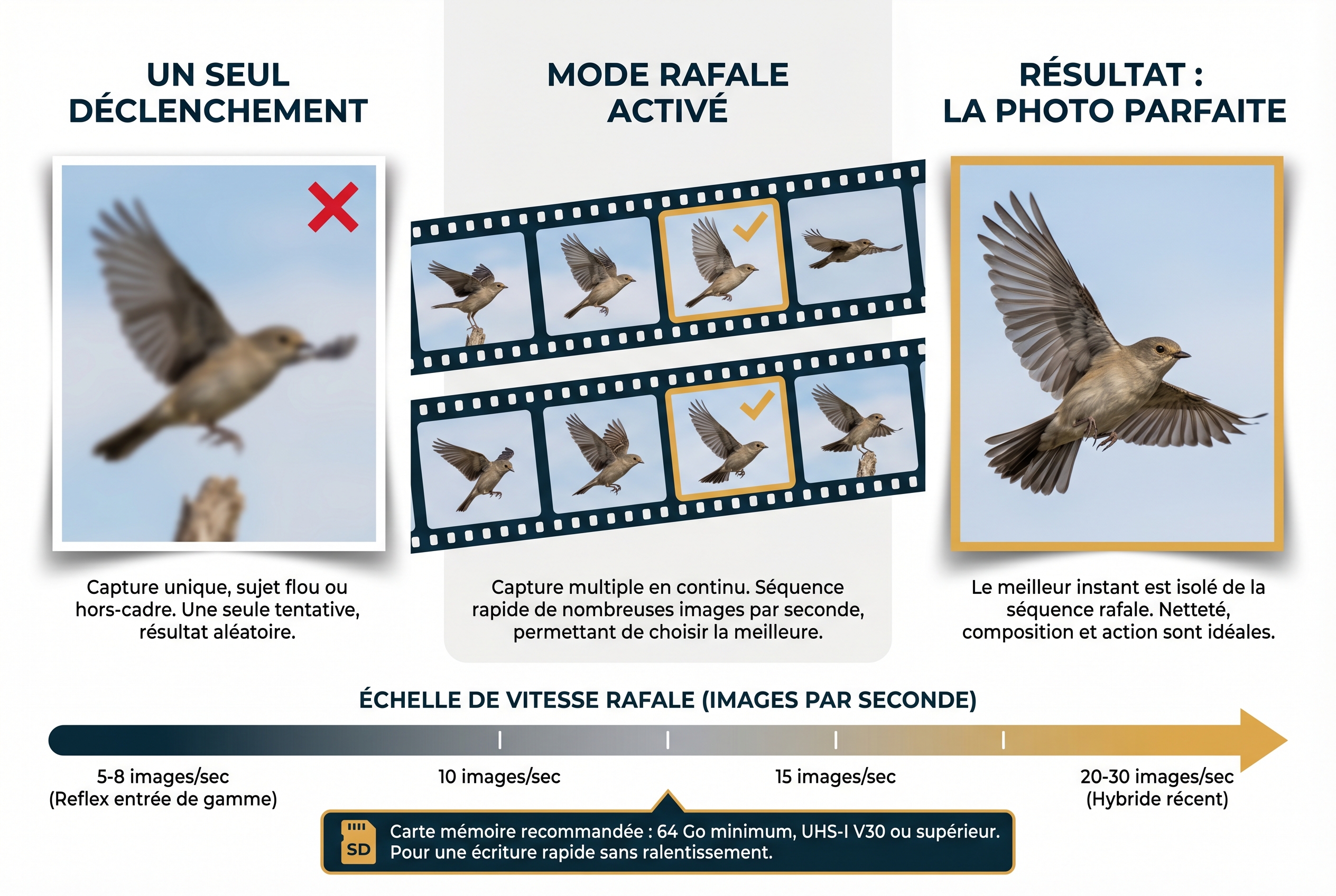 Comment photographier des oiseaux : le guide complet 30 Infographie pédagogique expliquant comment utiliser le mode rafale pour photographier des oiseaux en plein vol avec succès.