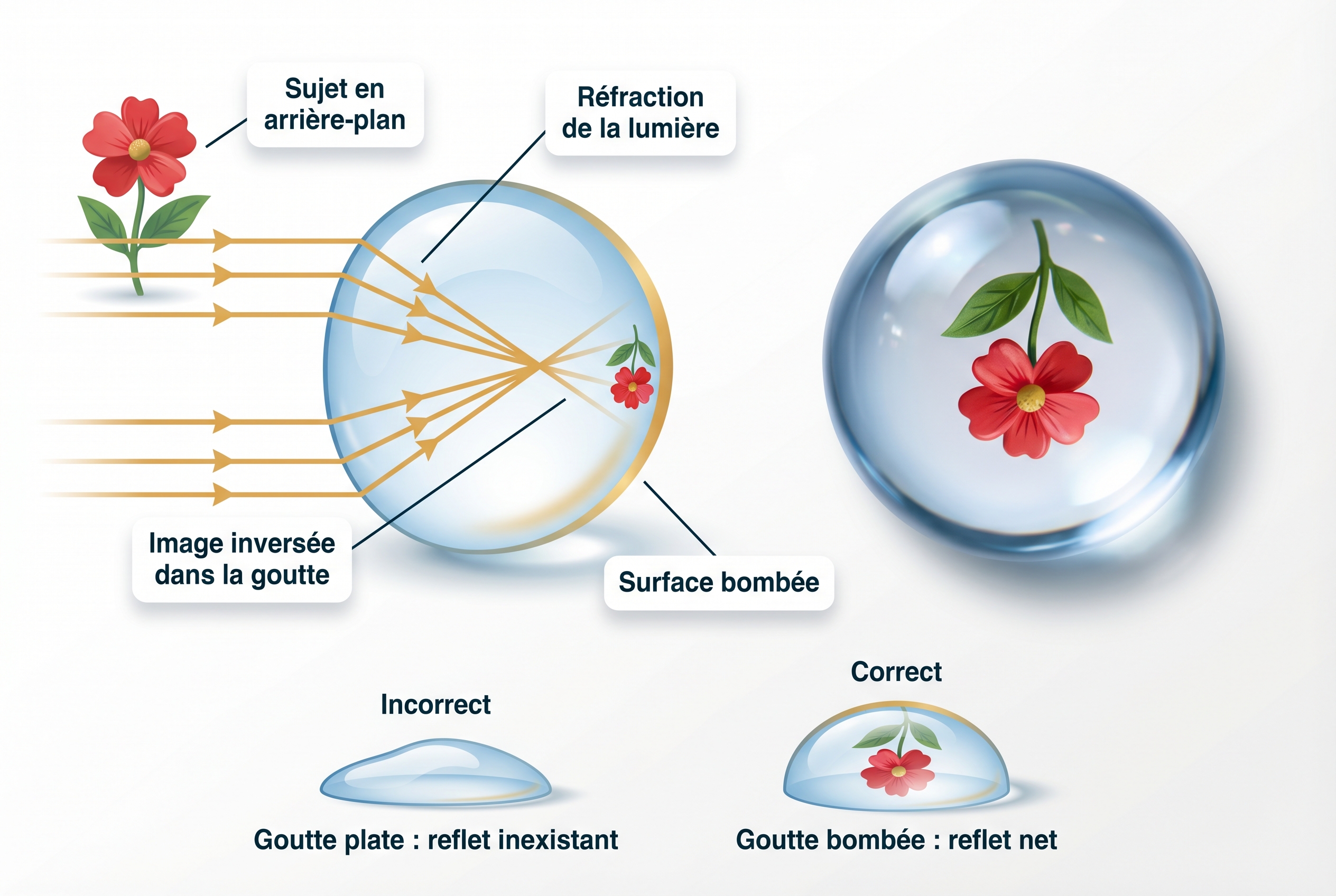 Illustration pédagogique expliquant la réfraction de la lumière et l'effet de lentille convexe pour photographier une goutte d'eau avec un reflet inversé.