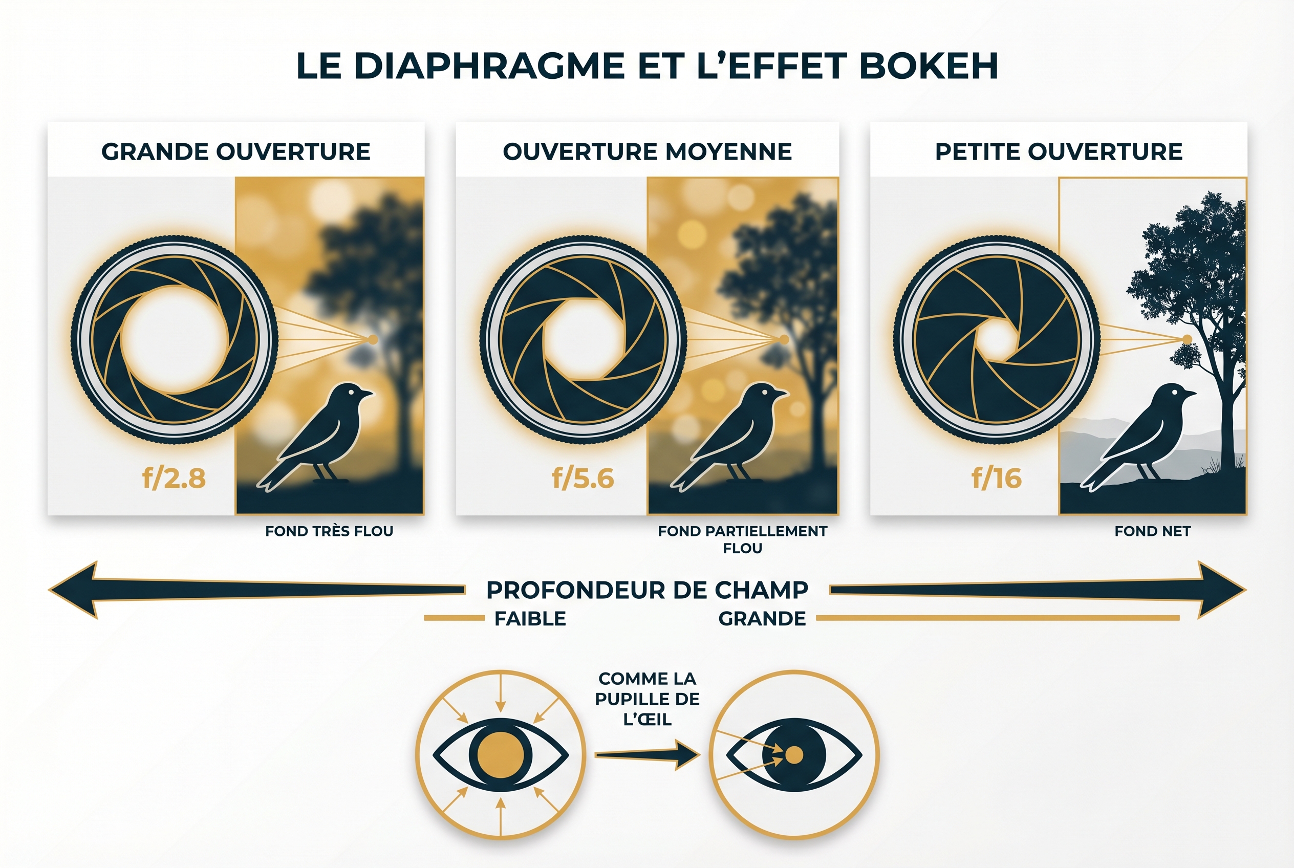 Le bokeh photo : le secret des flous artistiques 22 Infographie pédagogique comparant l'impact de l'ouverture (f/2.8, f/5.6 et f/16) sur le flou d'arrière-plan ou bokeh avec un oiseau en sujet.
