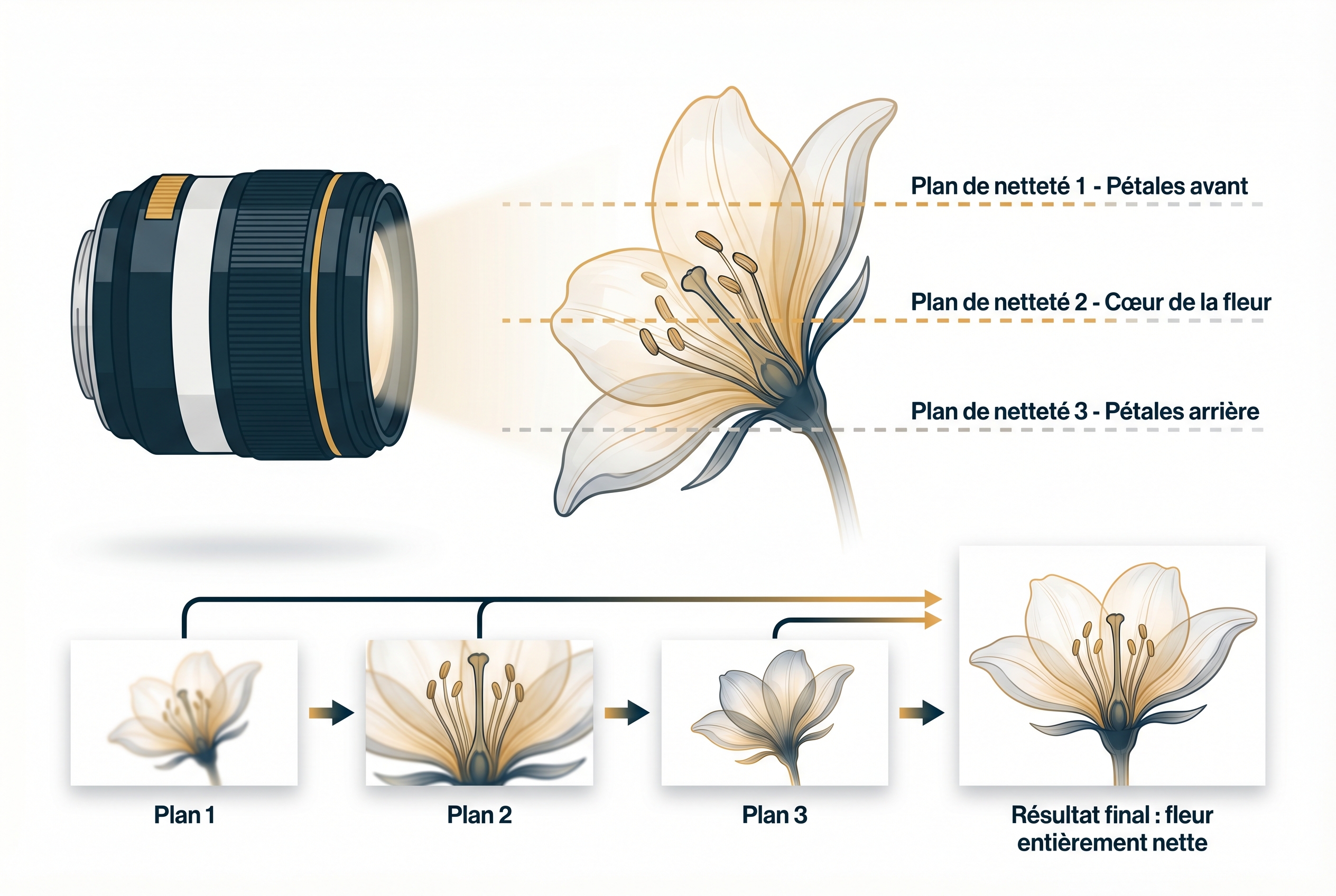 Réussir le bracketing photo : le guide complet 18 Illustration explicative du bracketing de mise au point (focus bracketing) sur une fleur montrant la fusion de trois plans de netteté pour une profondeur de champ totale.
