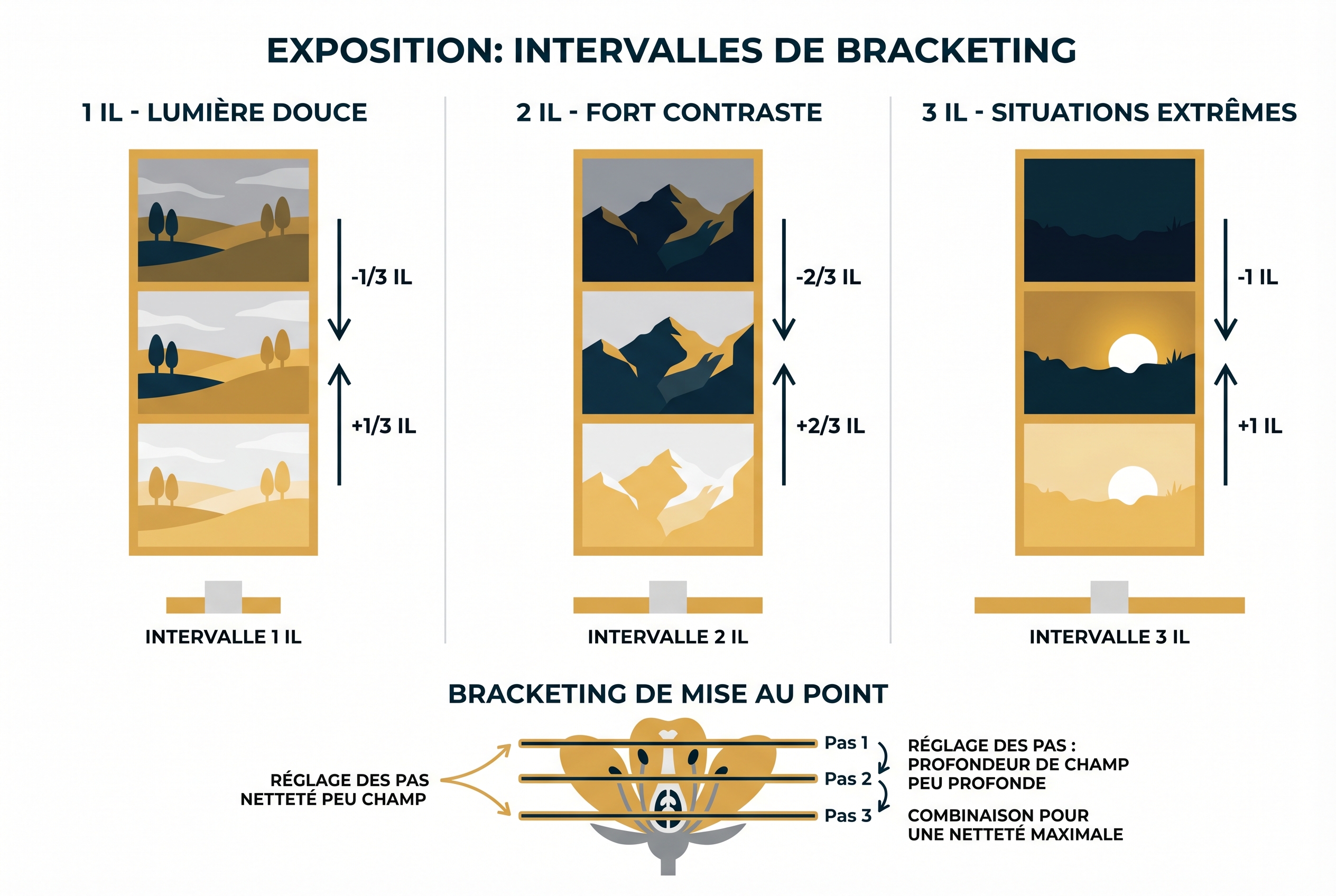 Réussir le bracketing photo : le guide complet 25 Infographie pédagogique expliquant le bracketing photo : comparaison des intervalles d'exposition (1, 2 et 3 IL) sur un paysage et étapes du bracketing de mise au point sur une fleur.