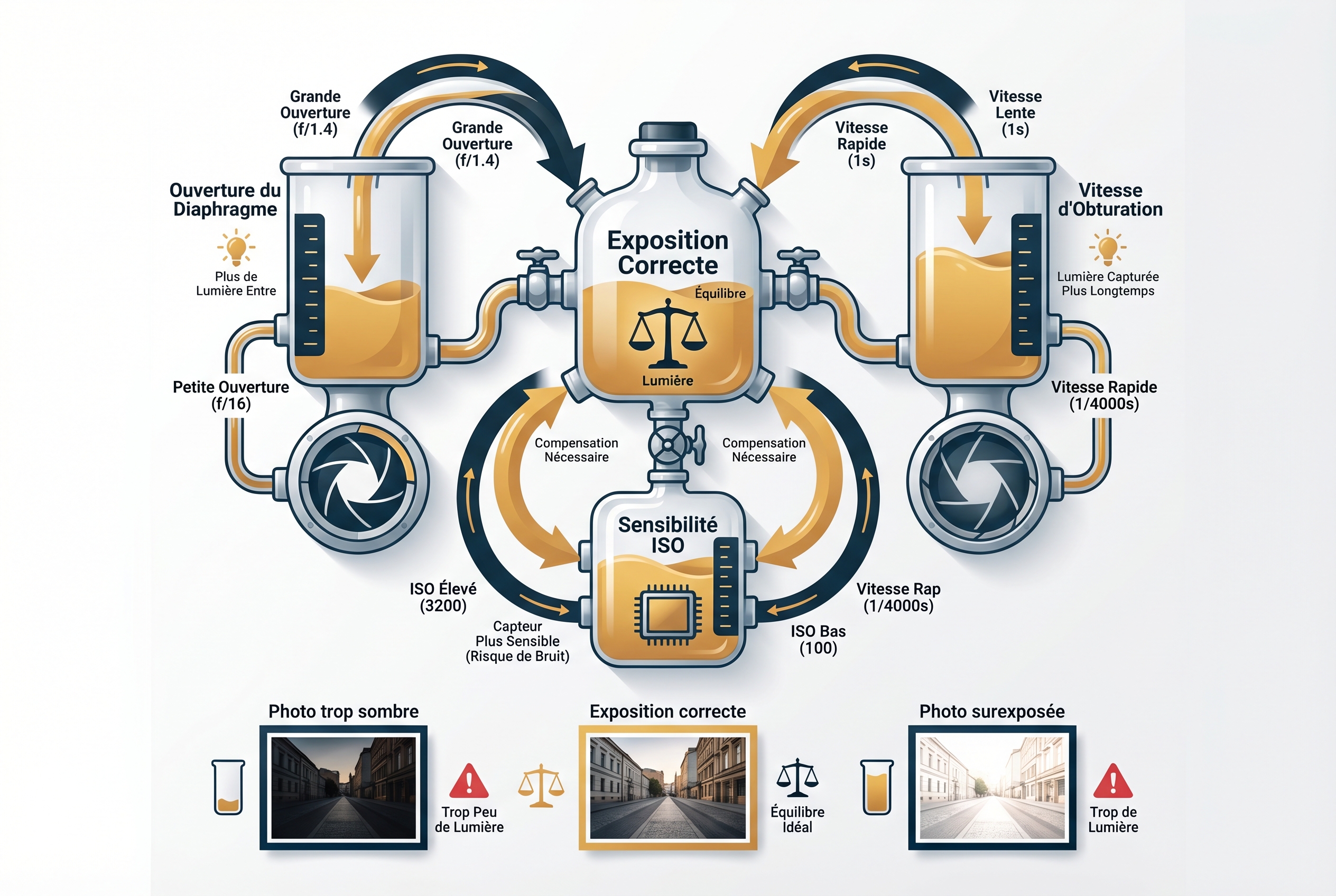 Infographie pédagogique expliquant le triangle d'exposition via le principe des vases communicants entre l'ouverture du diaphragme, la vitesse d'obturation et la sensibilité ISO.