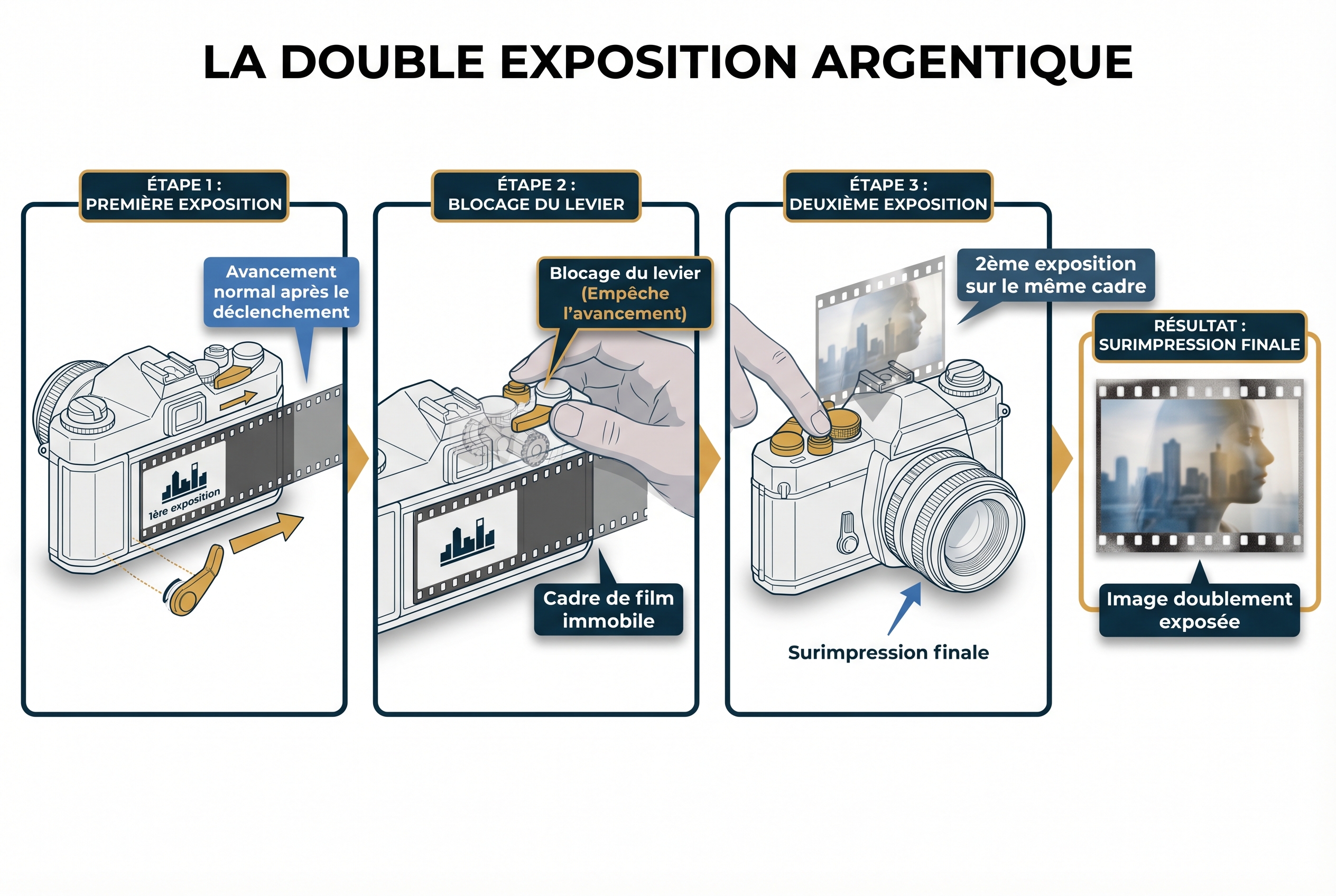 Infographie pédagogique expliquant les étapes de la double exposition : blocage du levier d'avancement et superposition de deux images sur une pellicule photo 35mm.