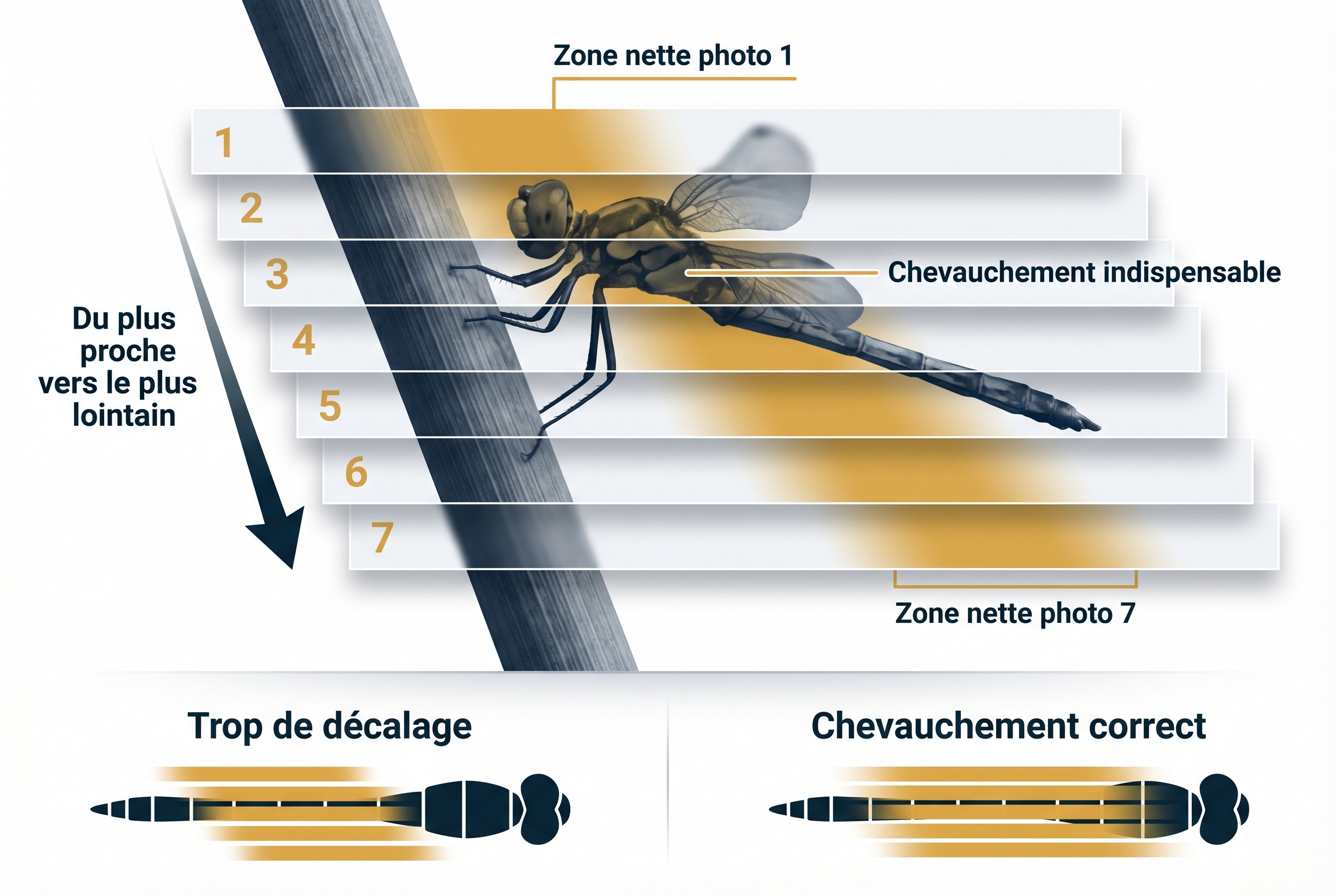 Le focus stacking : comment avoir des photos 100% nettes 21 Illustration pédagogique montrant la technique du focus stacking en macrophotographie avec les différentes zones de netteté sur une libellule.