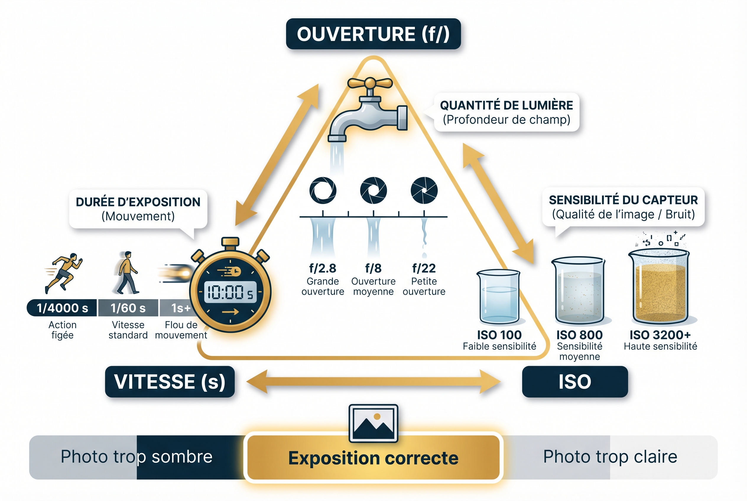 Illustration pédagogique du triangle d'exposition expliquant l'ouverture, la vitesse d'obturation et les ISO pour apprendre la photo.