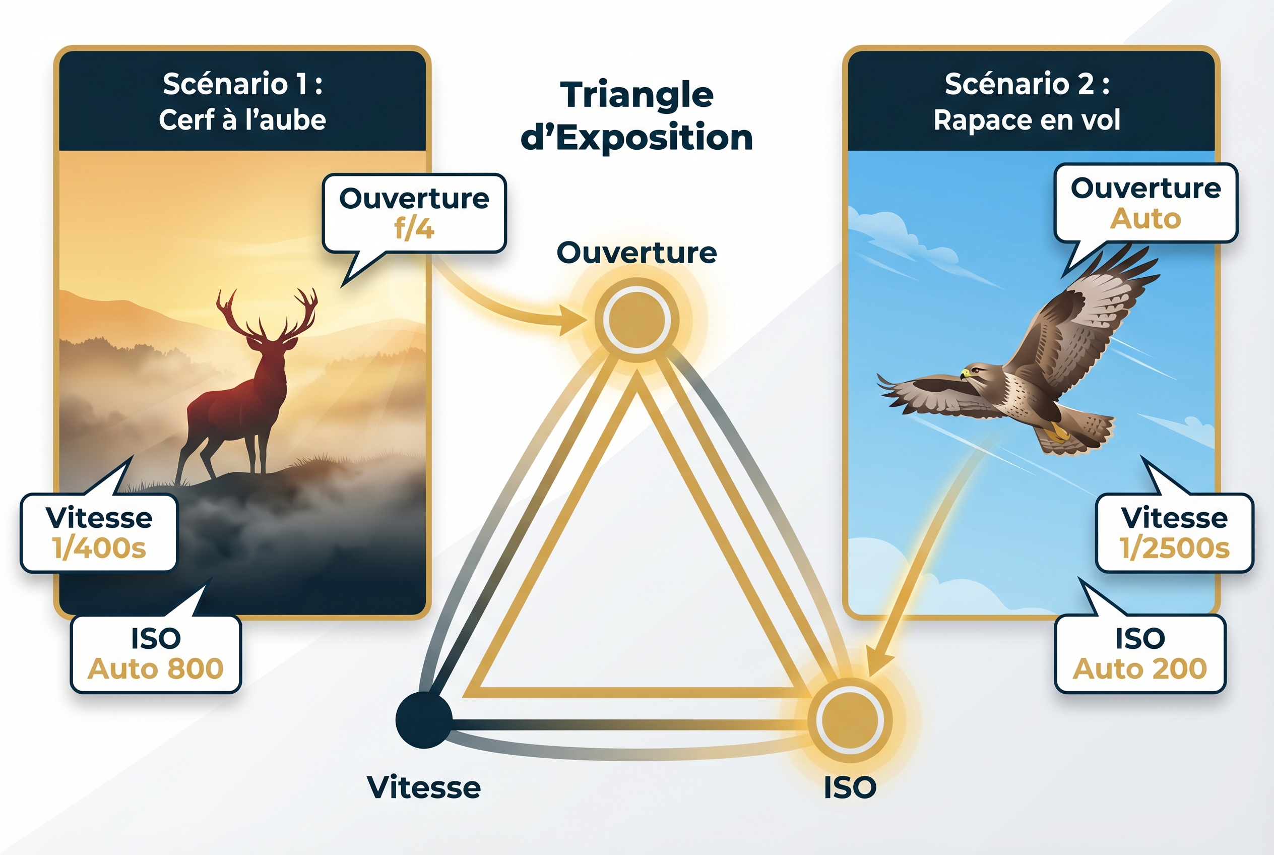 Infographie pédagogique comparant le triangle d'exposition pour deux scènes de nature : un cerf à l'aube et un rapace en vol.