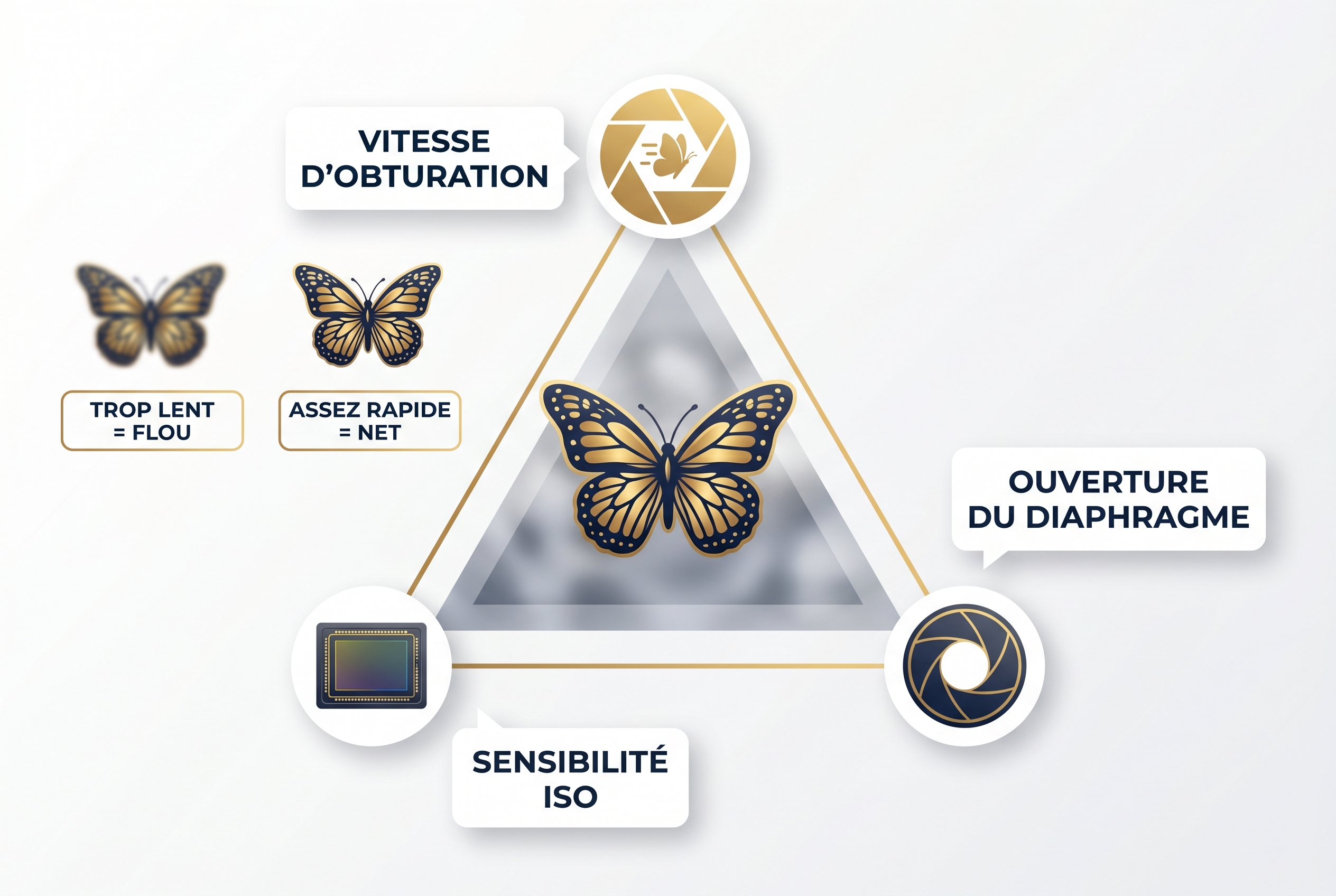 Infographie pédagogique expliquant le triangle d'exposition (vitesse, ouverture, ISO) pour photographier les papillons avec une netteté parfaite.