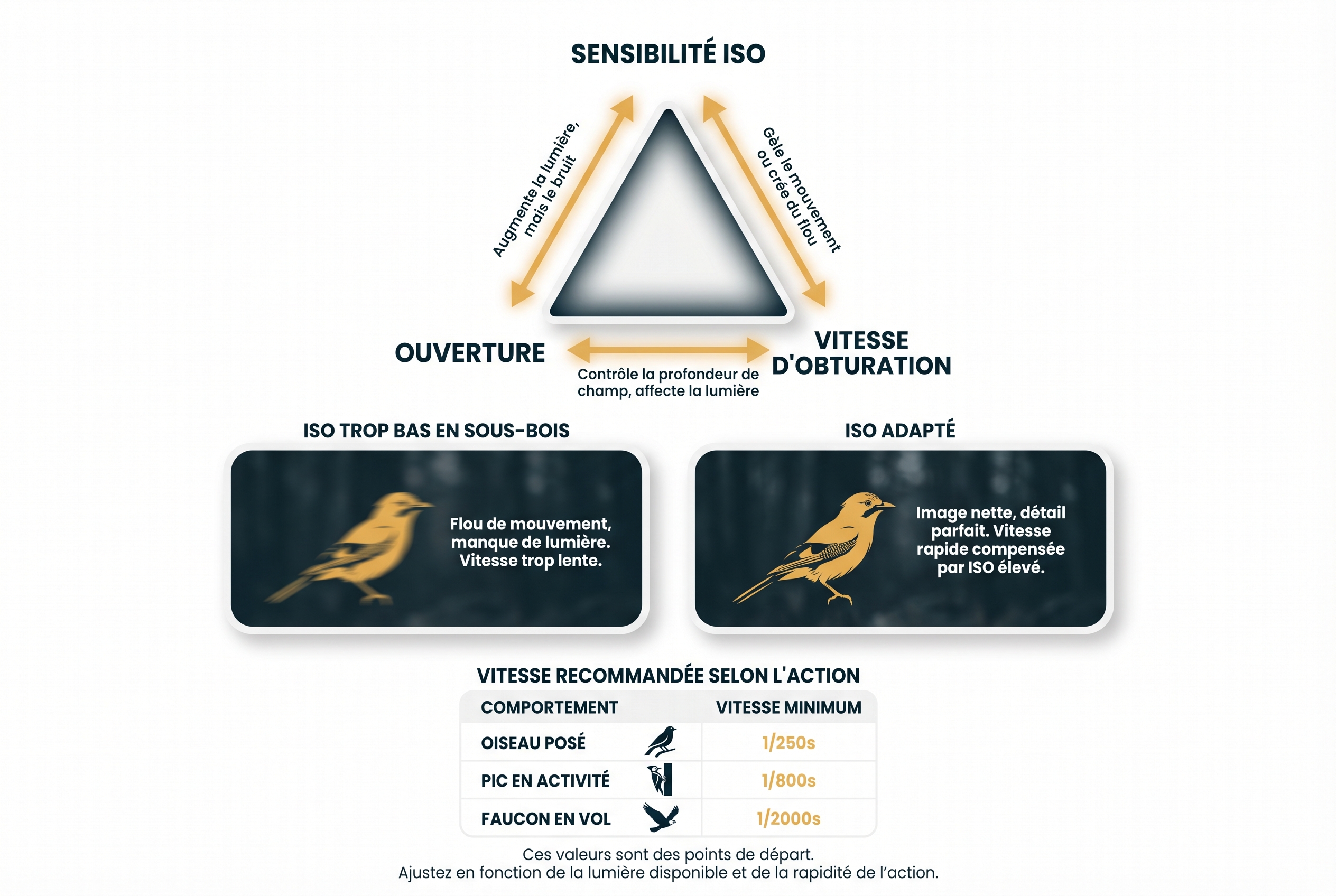Sensibilité ISO : tout comprendre pour des photos sans bruit 22 Infographie pédagogique expliquant la sensibilité ISO au sein du triangle d'exposition avec un comparatif de netteté sur un oiseau en forêt.