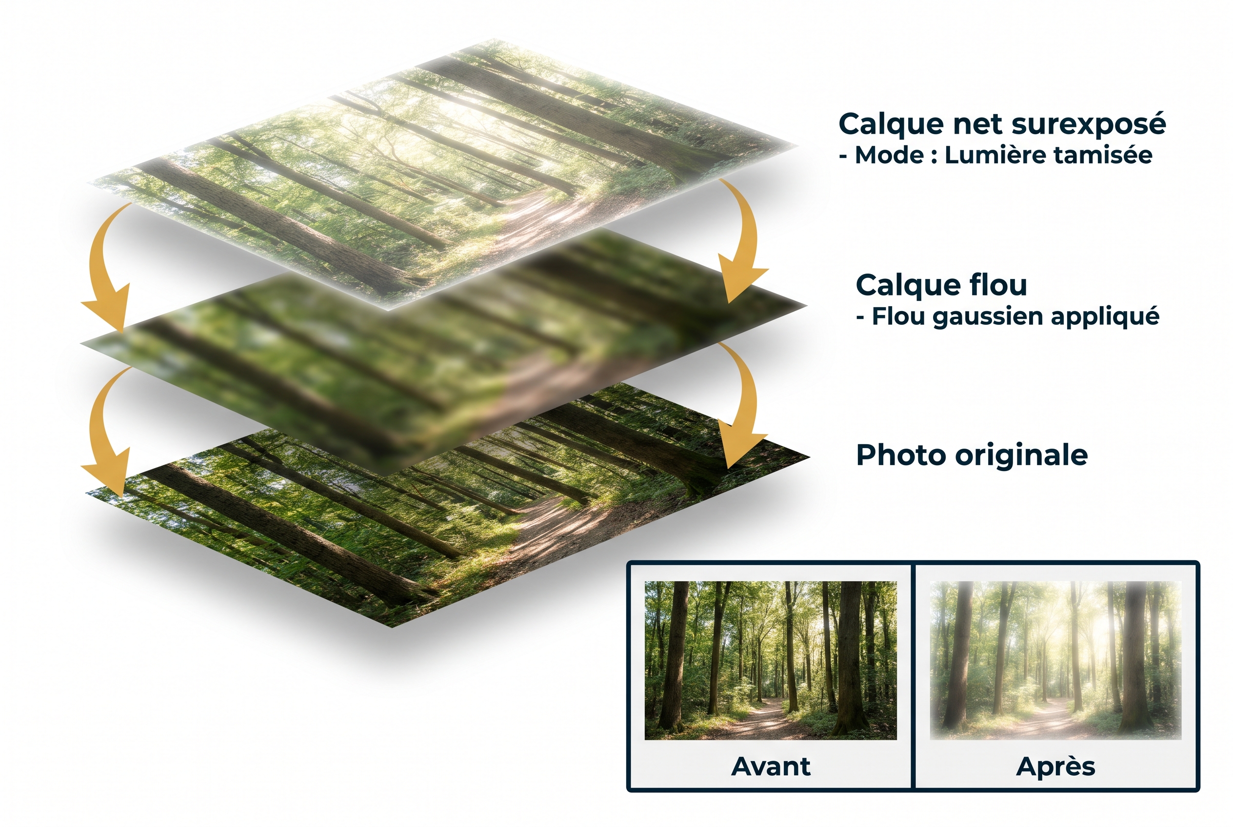 Réussir l'effet orton : le secret pour des photos de nature féeriques 13 Schéma pédagogique en 3D expliquant la superposition des calques sur Photoshop pour créer l'effet Orton : photo originale, flou gaussien et calque en mode lumière tamisée.
