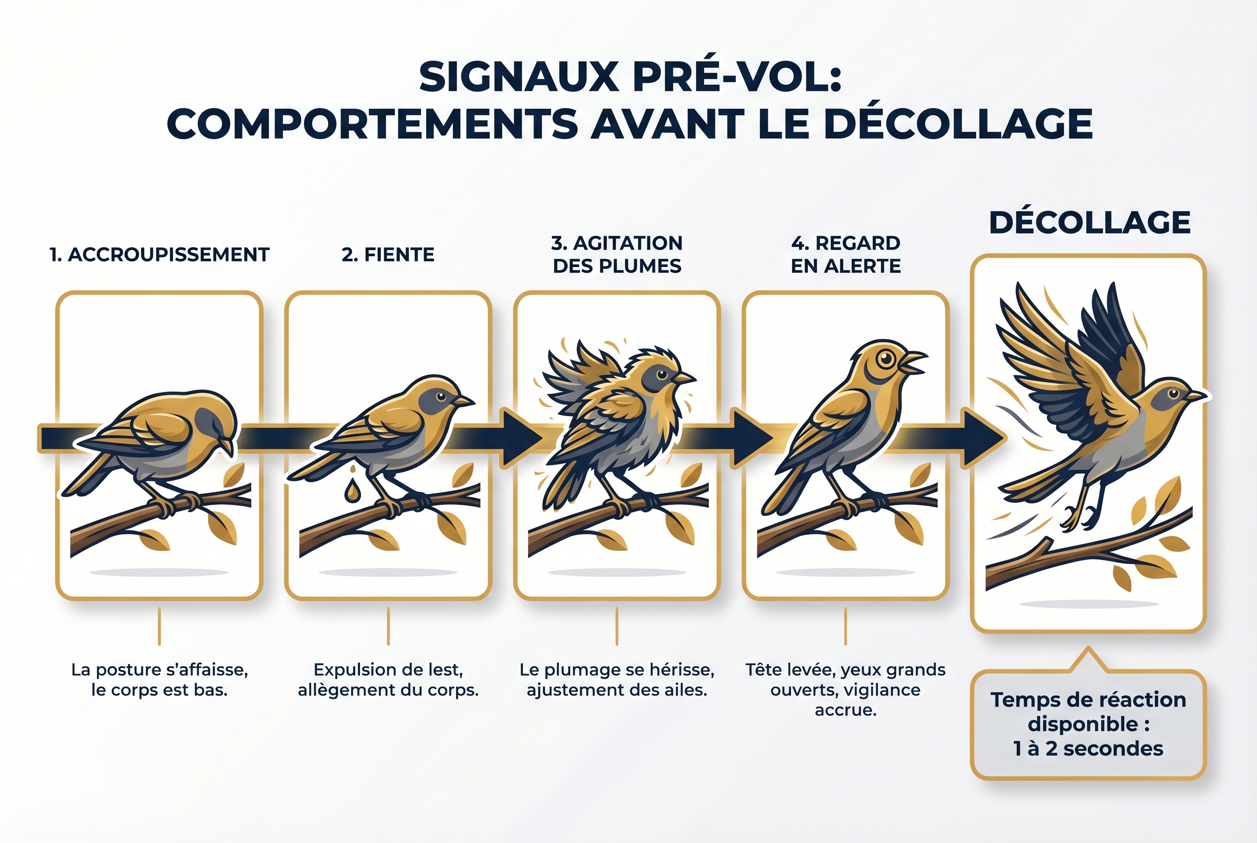 Comment photographier des oiseaux : le guide complet 28 Schéma pédagogique expliquant les 5 signaux comportementaux pour photographier des oiseaux au décollage : accroupissement, fiente, agitation des plumes et regard en alerte.