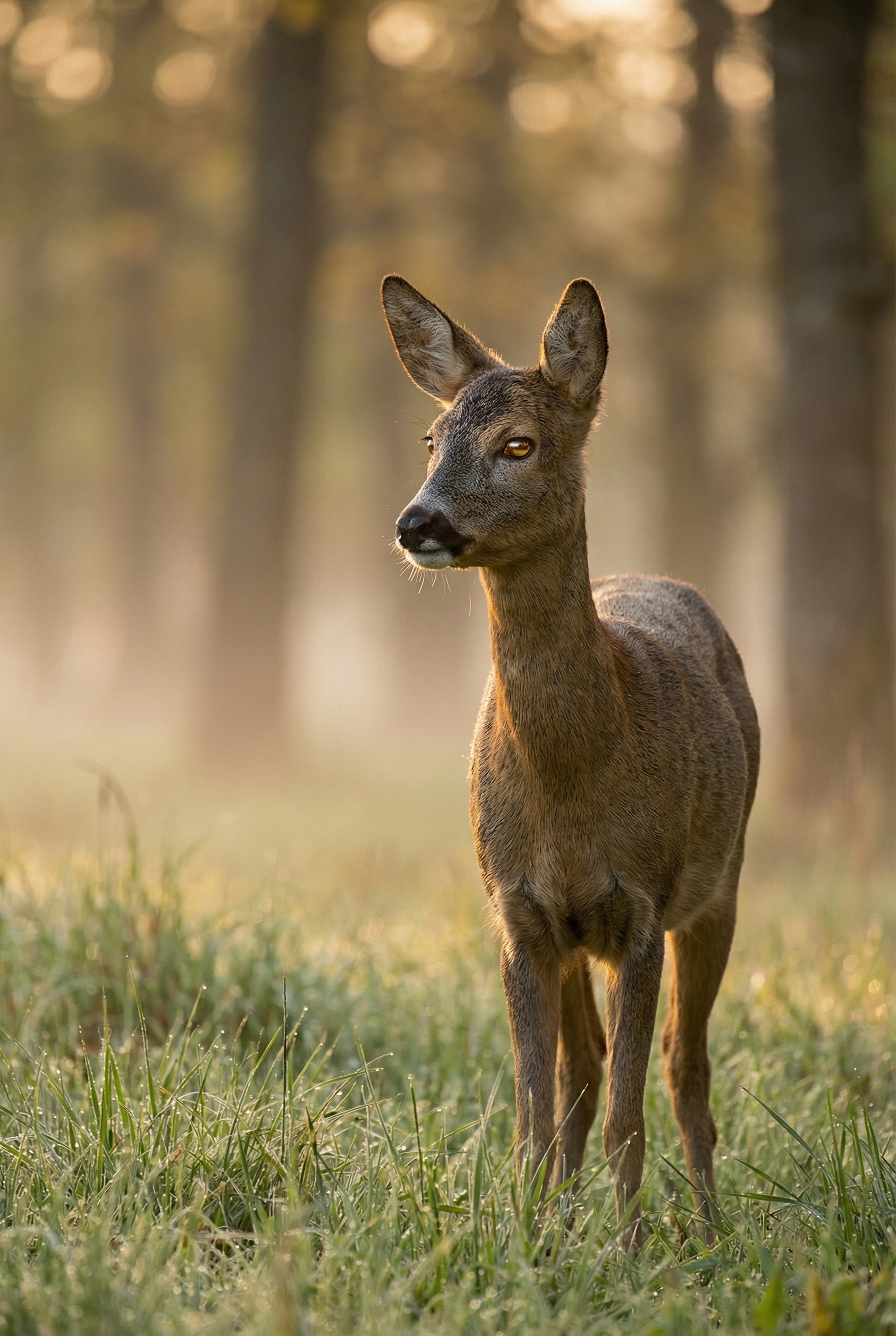Chevreuil attentif dans une clairière brumeuse à l'aube avec une lumière dorée rasante