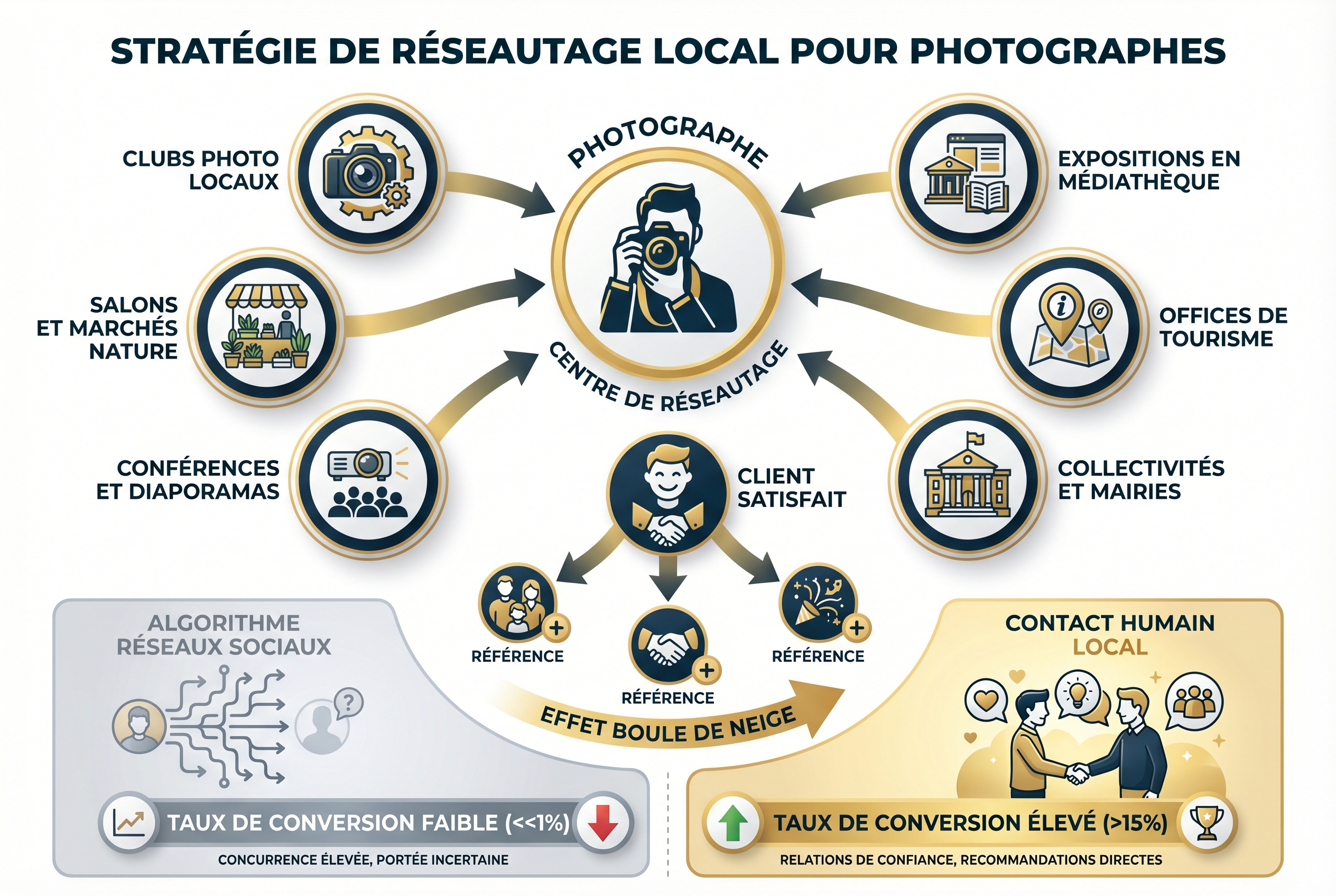 Schéma pédagogique expliquant comment devenir photographe professionnel via le réseau local : clubs photo, offices de tourisme et salons nature.