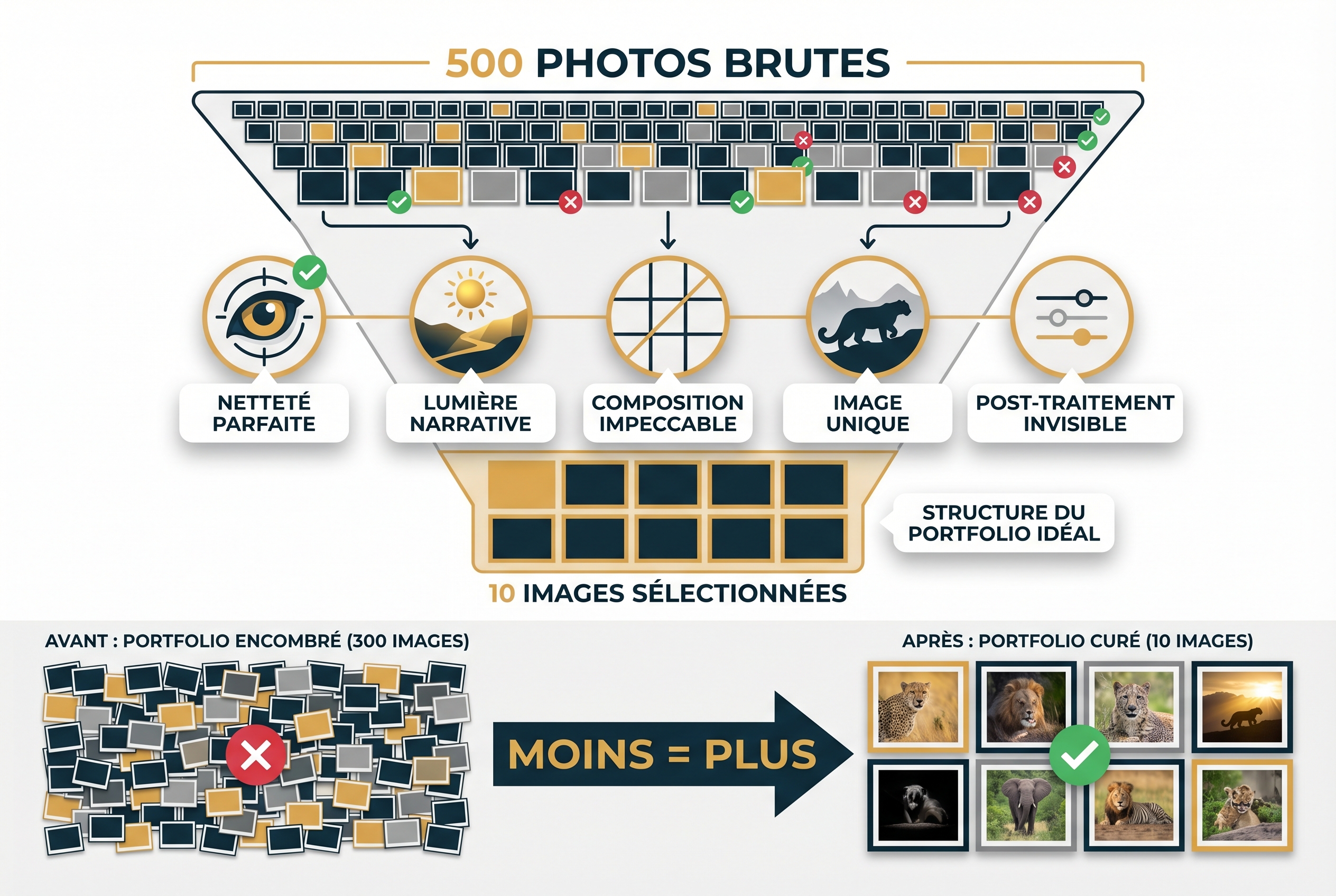 Infographie pédagogique en forme d'entonnoir montrant la sélection d'un portfolio pour devenir photographe professionnel, passant de 500 photos brutes à 10 images d'exception.