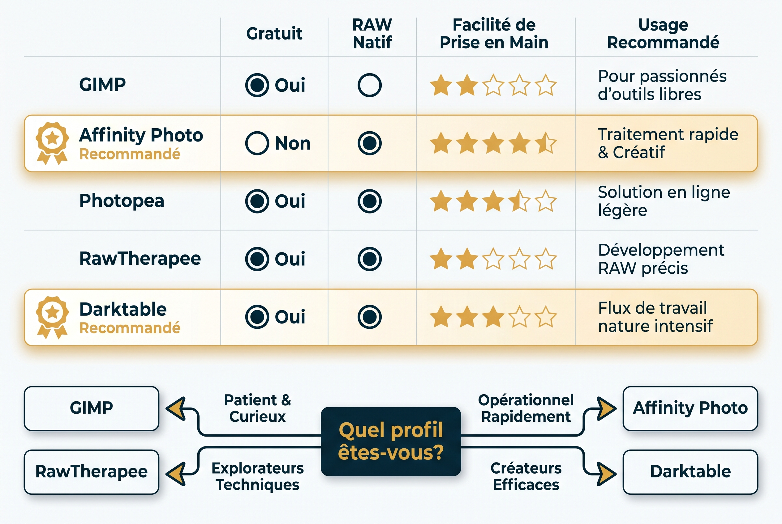 Tableau comparatif des 5 meilleures alternatives à Photoshop pour la photo de nature : GIMP, Affinity Photo, Photopea, RawTherapee et Darktable.