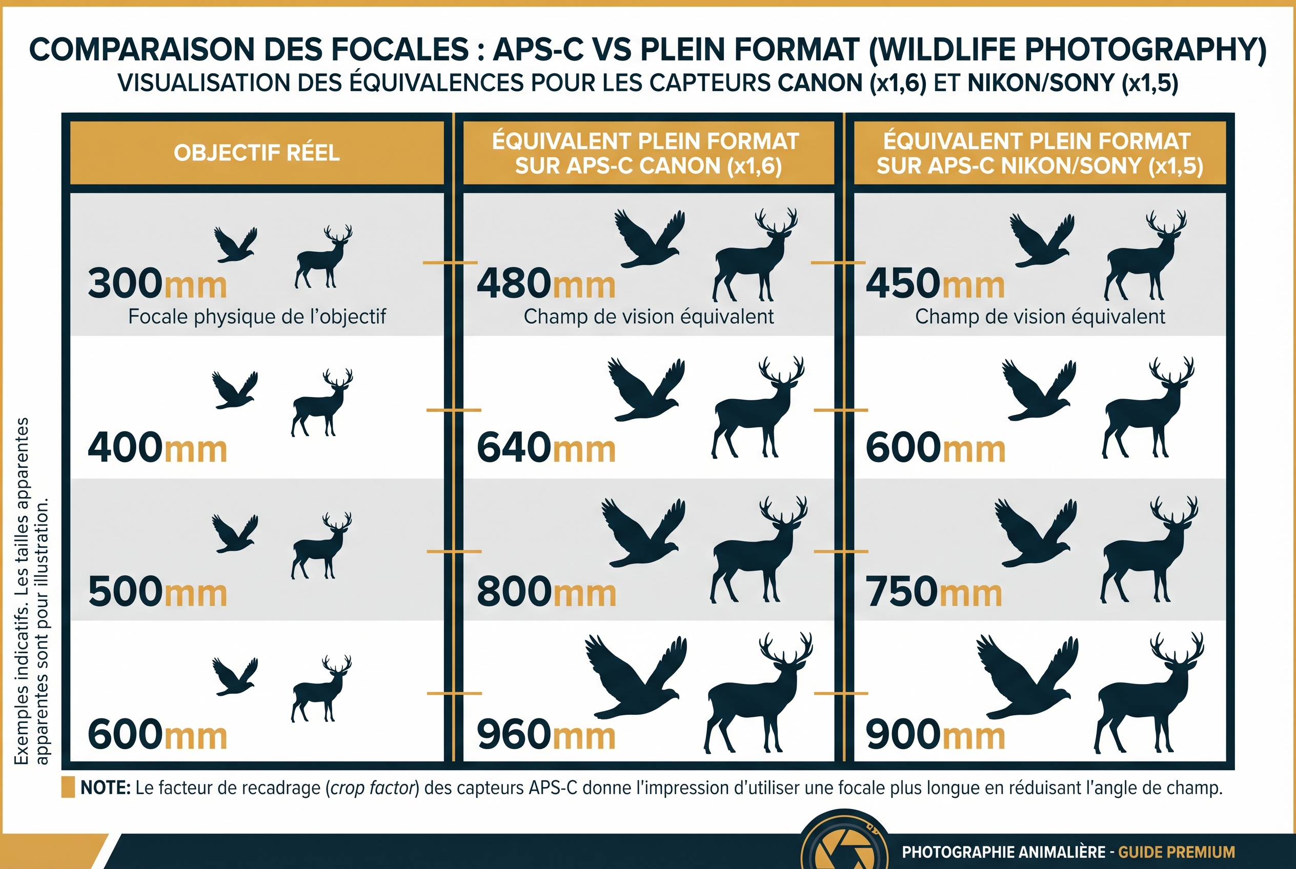 Infographie comparative des focales : équivalents 300mm et 400mm sur capteurs APS-C vs Plein Format pour le matériel de photo animalière.