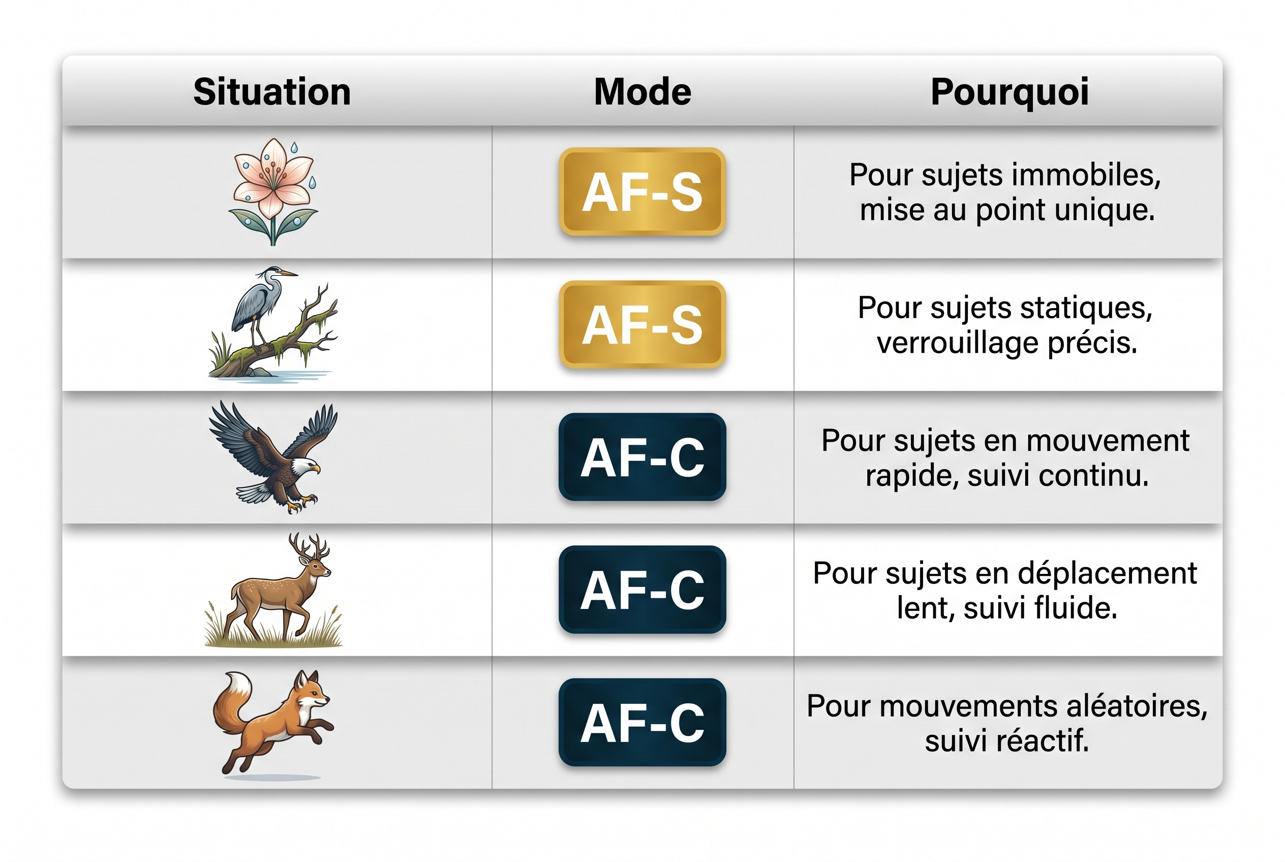 Infographie pédagogique présentant un tableau de choix entre AF-S et AF-C pour réussir sa mise au point photo selon 5 situations : fleur, héron, oiseau en vol, cerf et animal au mouvement imprévisible.