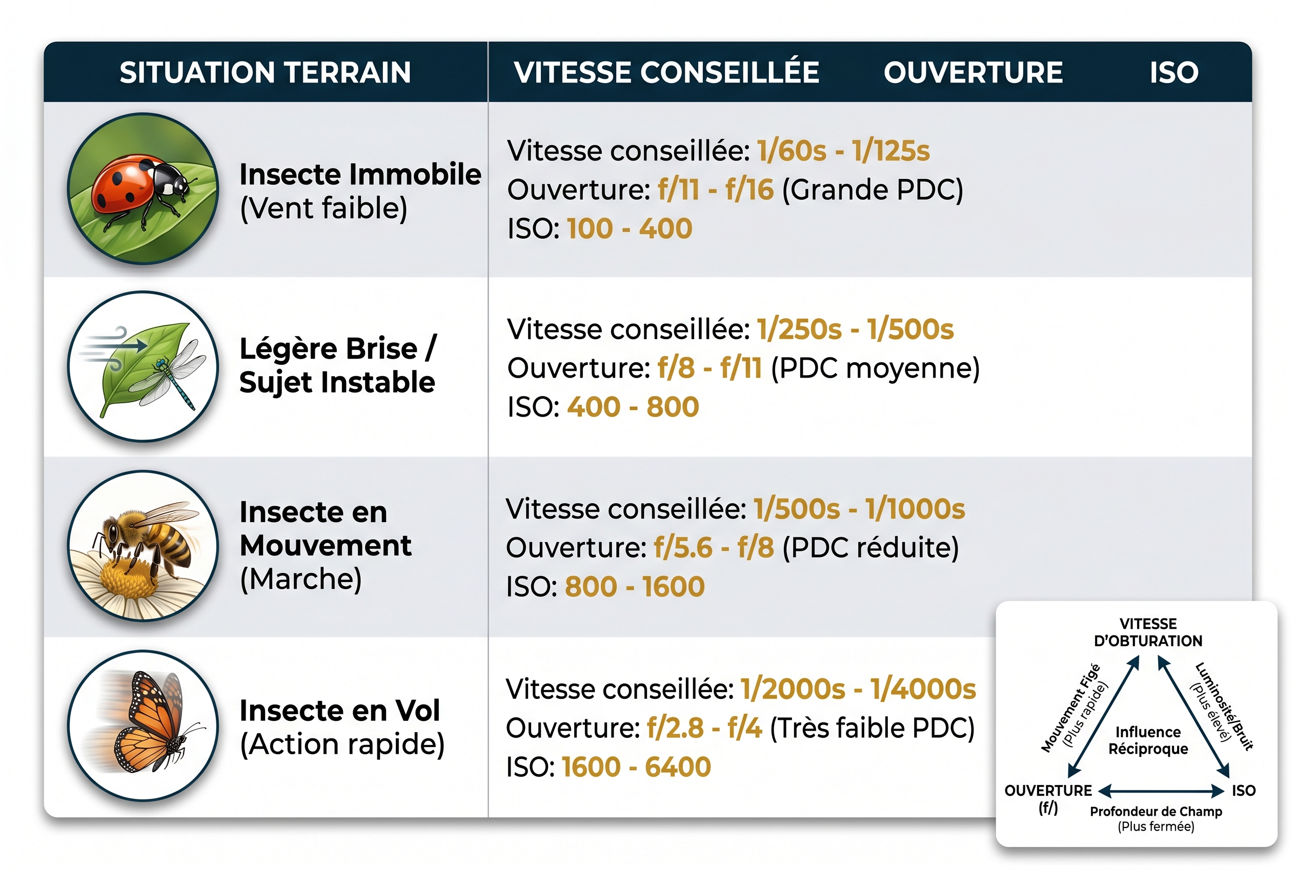 Tableau pédagogique présentant les réglages conseillés (vitesse, ouverture, ISO) pour photographier les insectes selon leur comportement : immobile, avec du vent ou en mouvement.
