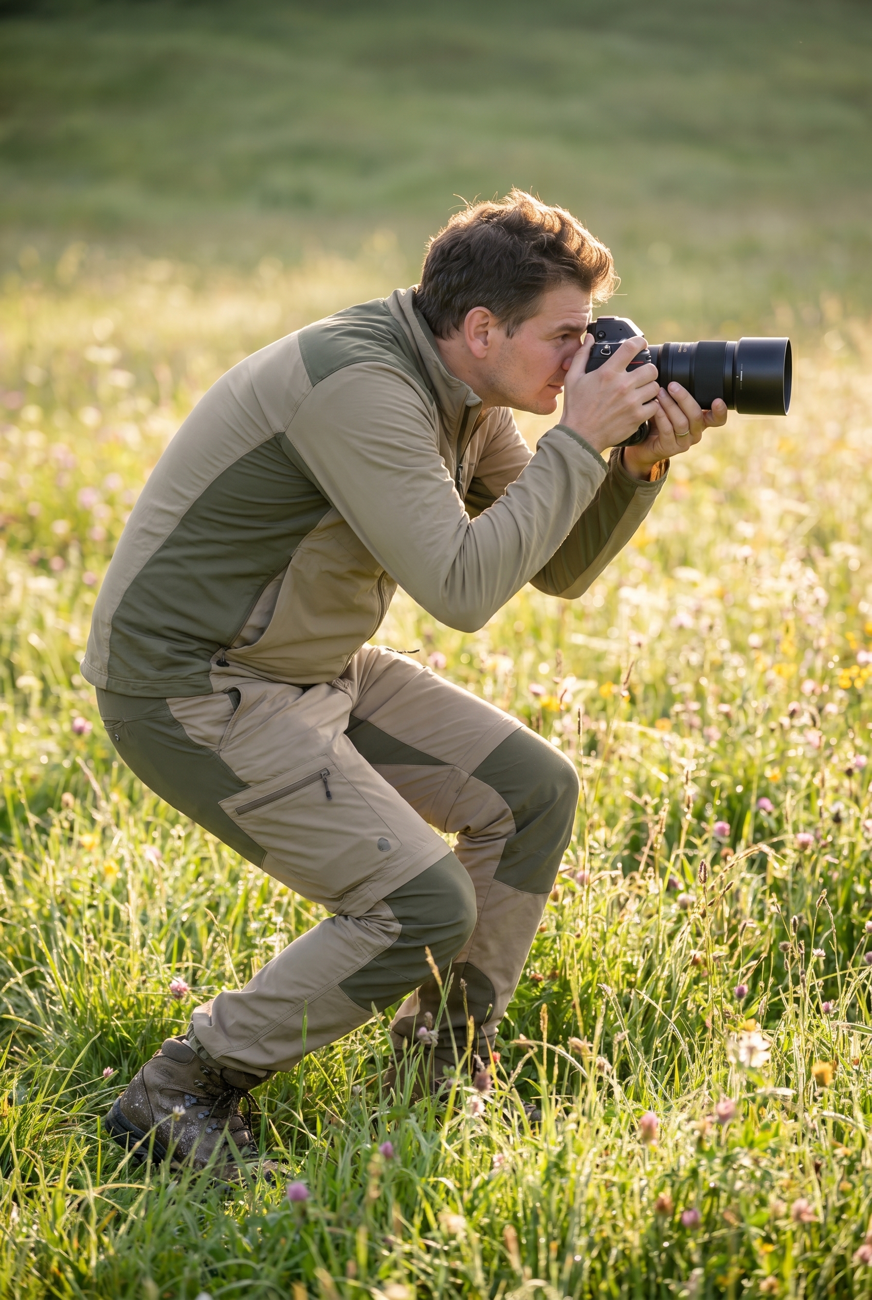 Photographe naturaliste utilisant la technique de l'approche en arc de cercle dans une prairie pour photographier les papillons sans les faire fuir.