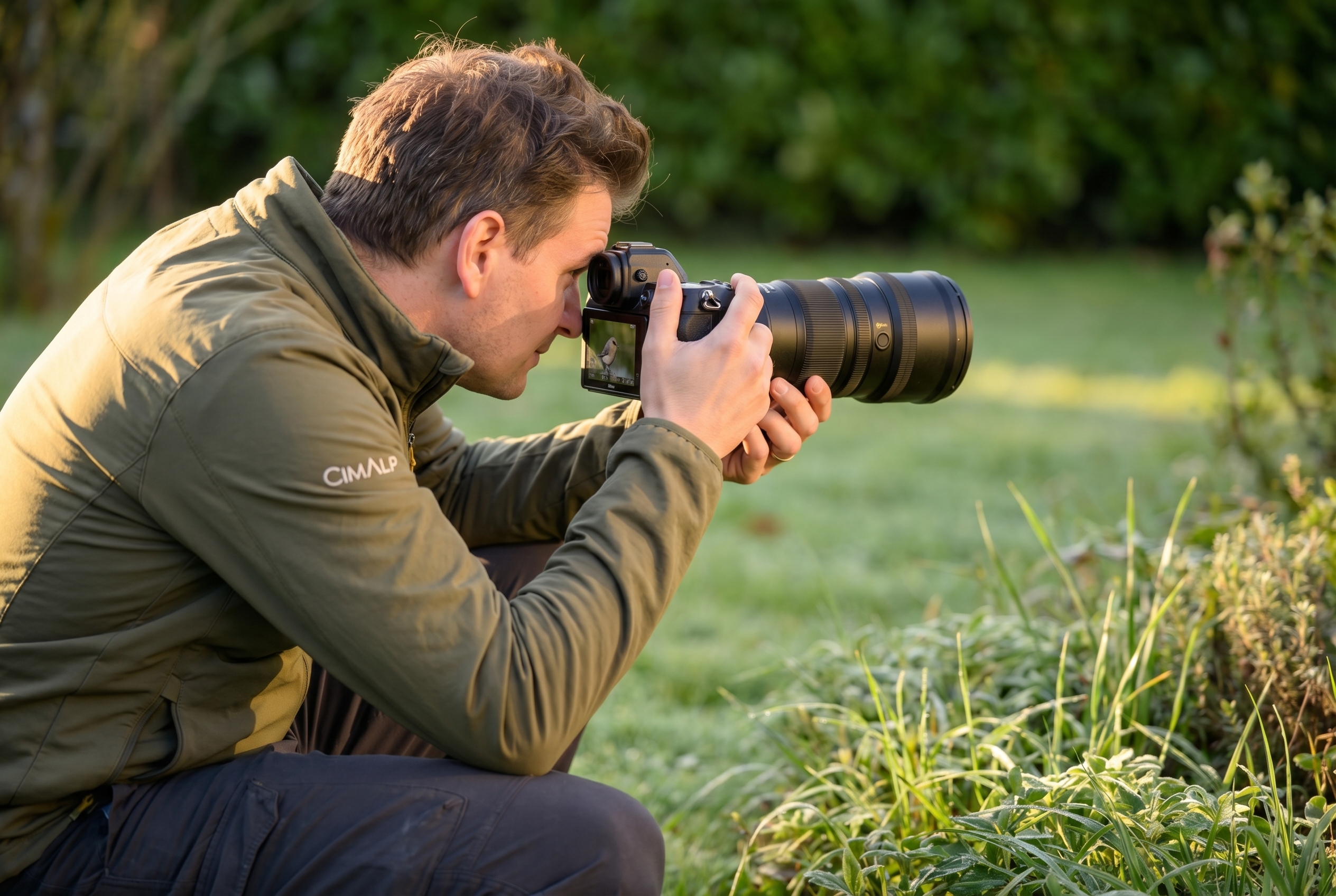 Comment photographier des oiseaux : le guide complet 33 Photographe animalier avec téléobjectif 400mm accroupi dans un jardin à l'aube pour photographier des oiseaux.
