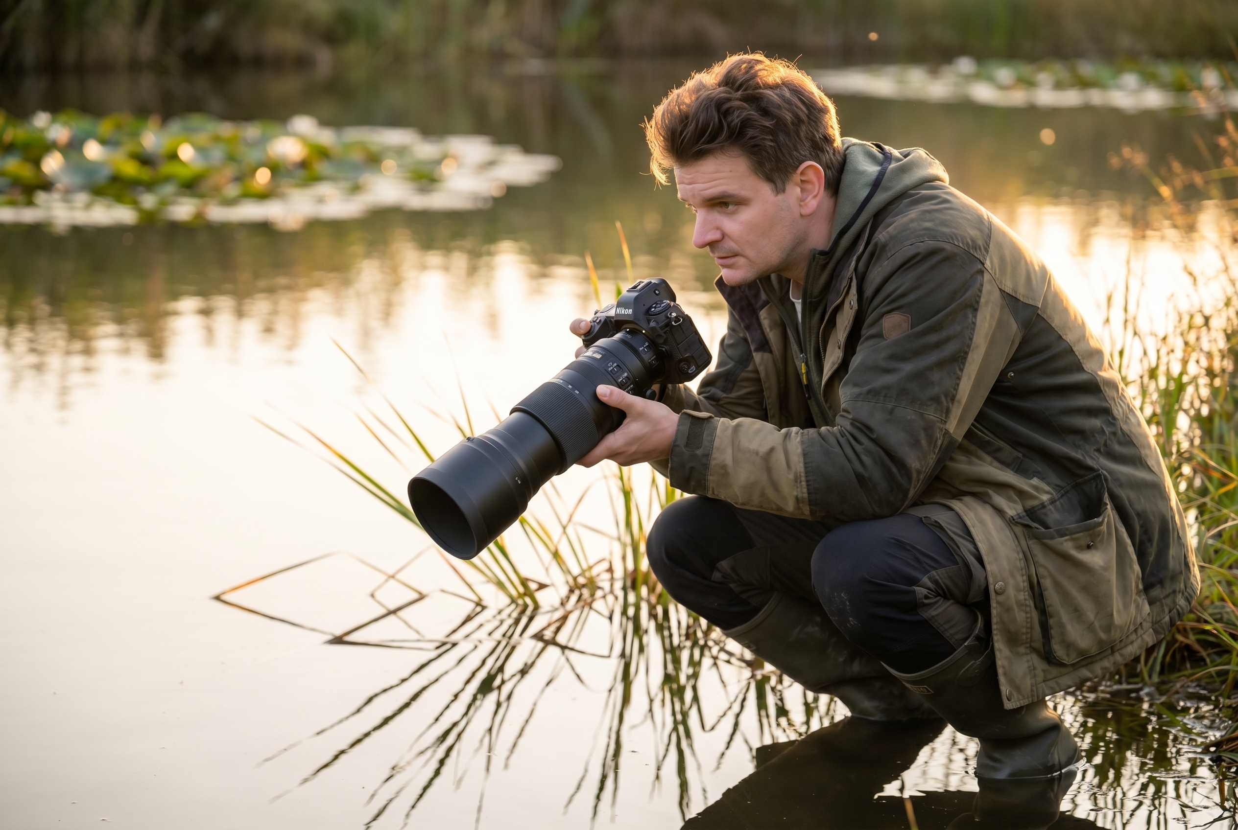 Photographe animalier accroupi avec un téléobjectif 150-600mm au bord d'un étang pour photographier les libellules sans les faire fuir à l'heure dorée.