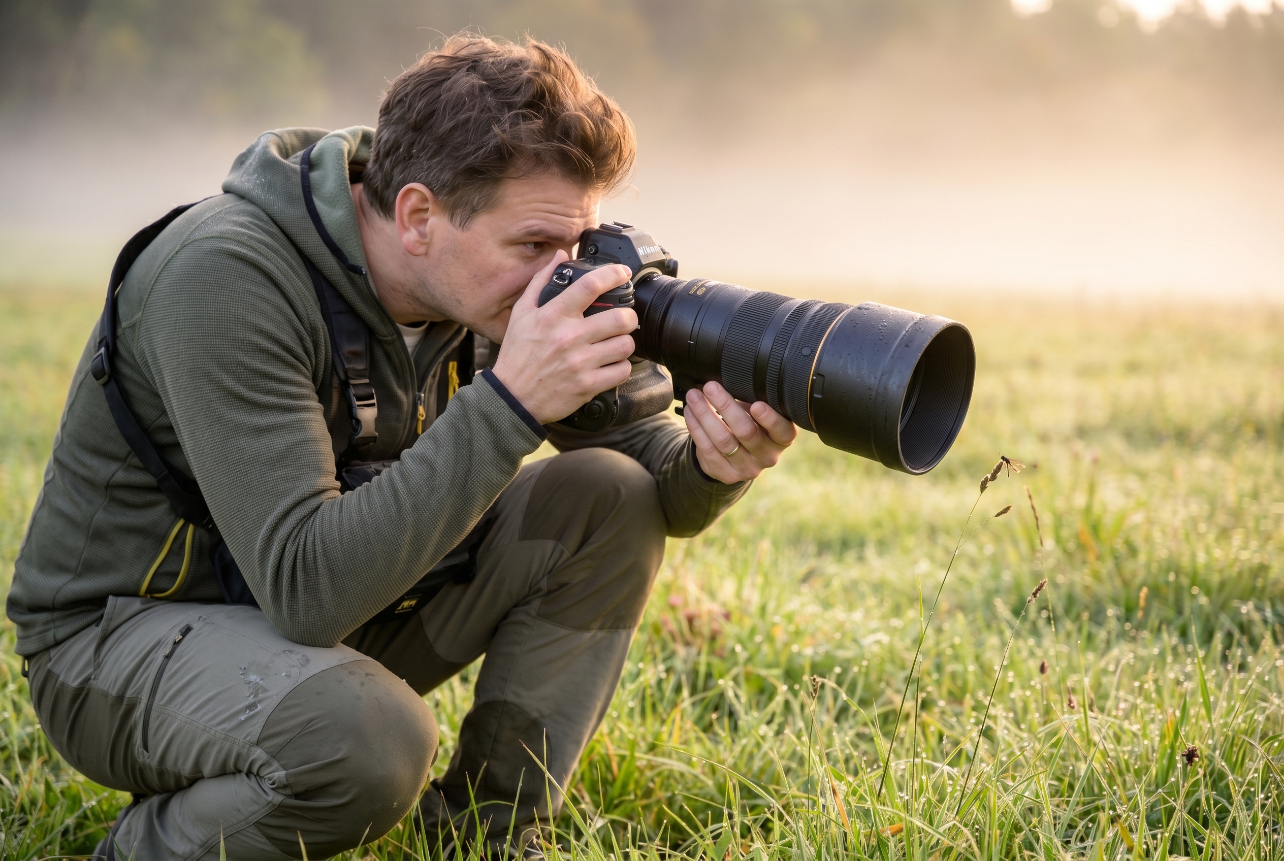 Photographe naturaliste accroupi dans une prairie au lever du soleil pour photographier les insectes avec un appareil photo macro
