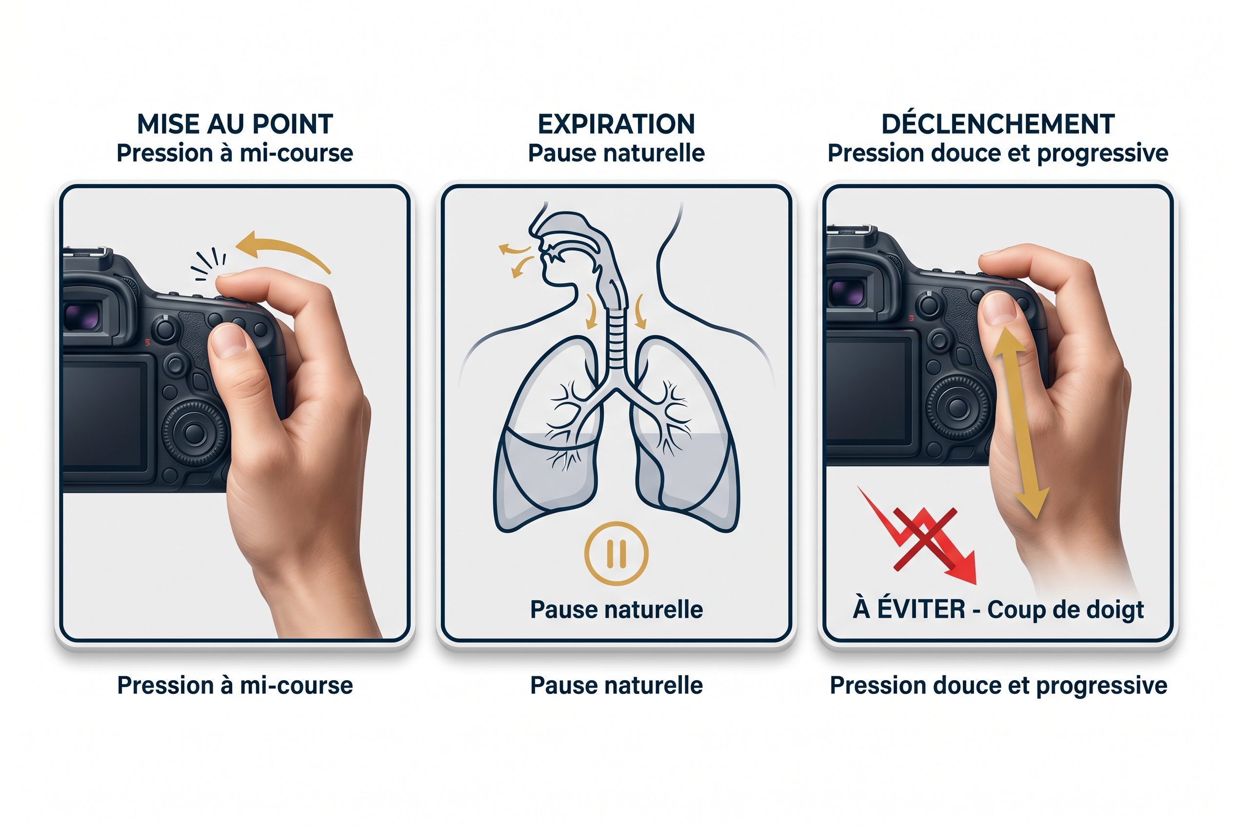 Flou de bougé : 5 astuces pour l'éviter 21 Infographie pédagogique en 3 étapes expliquant comment bien appuyer sur le déclencheur pour éviter le flou de bougé et obtenir des photos nettes.