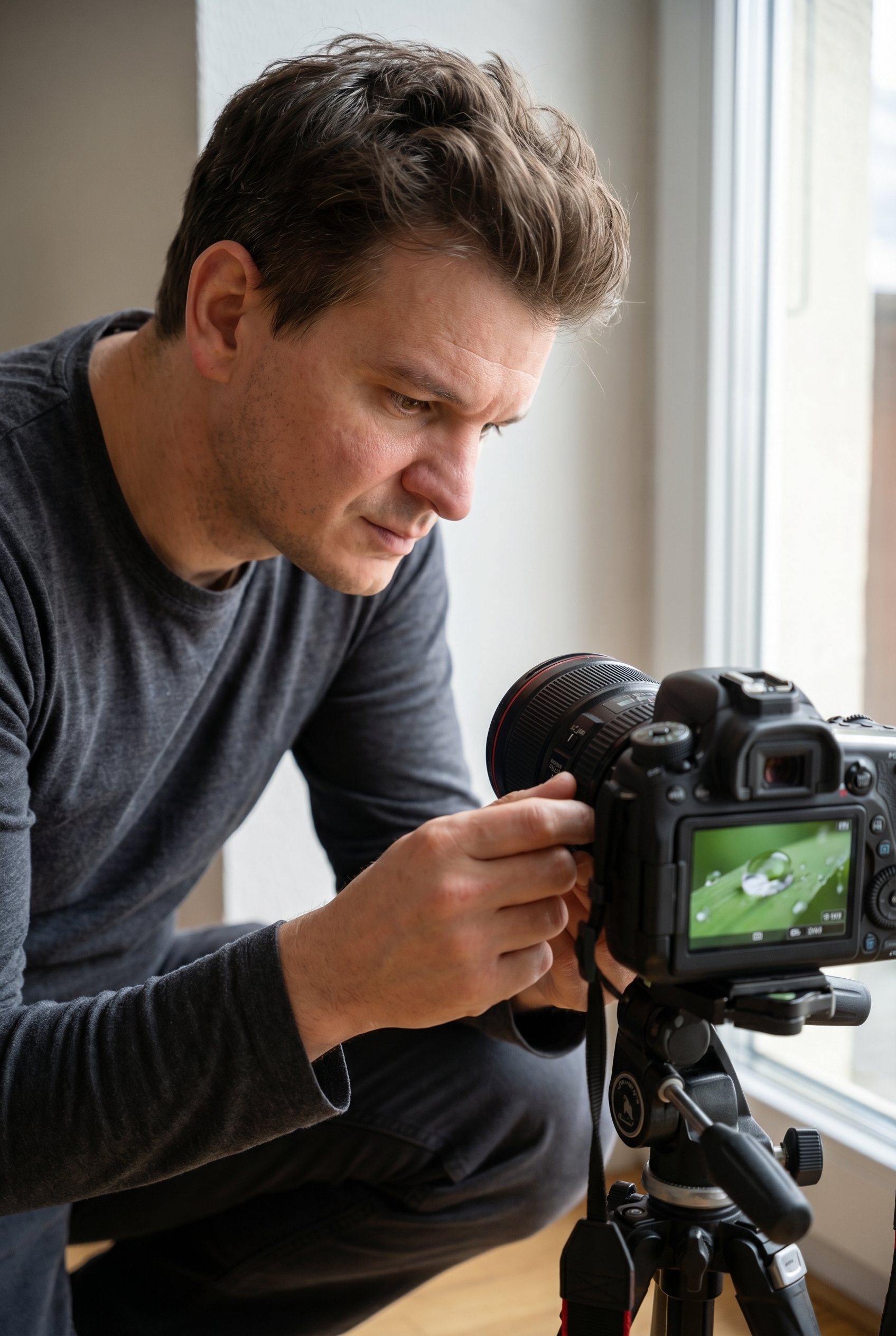 Photographe utilisant un objectif macro et un trépied pour photographier une goutte d'eau sur une feuille verte avec précision.