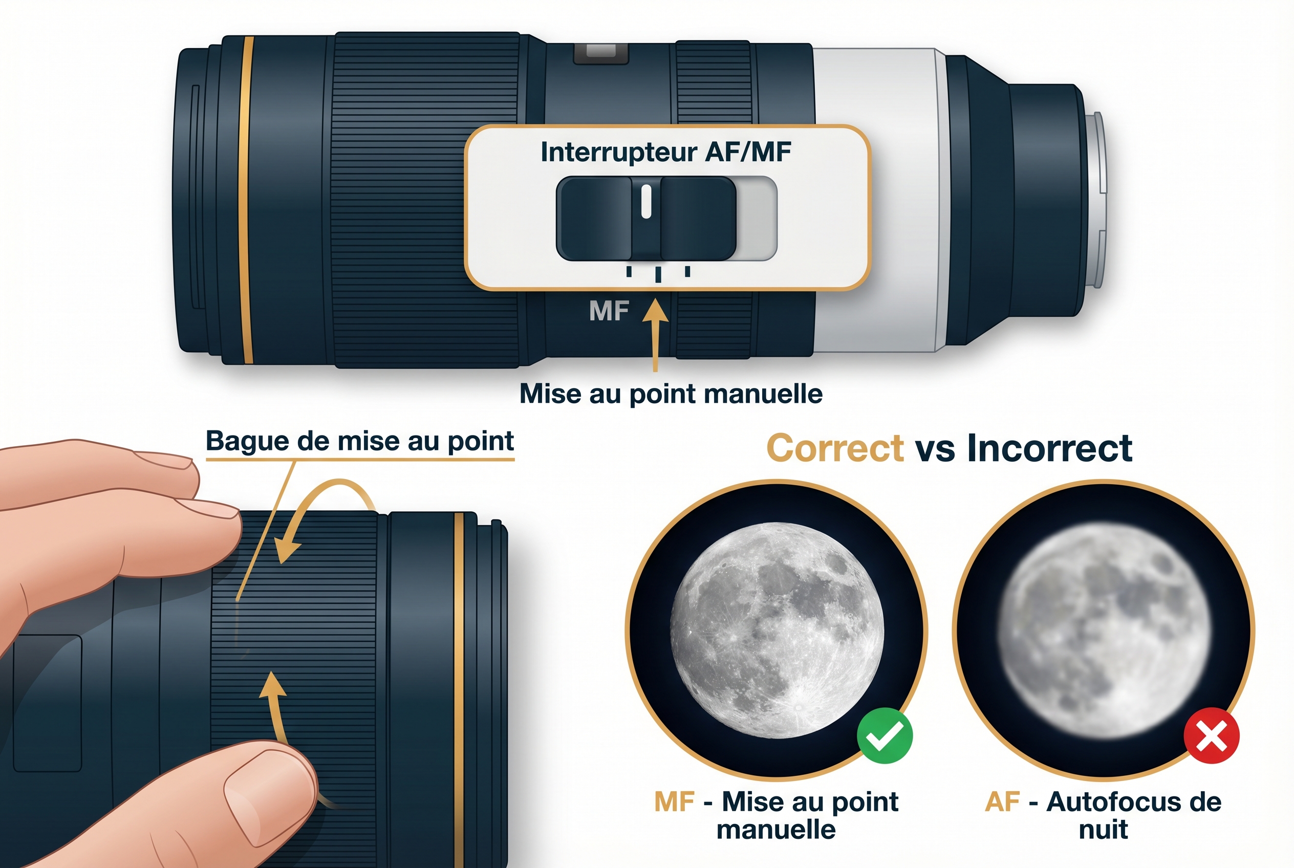 Schéma pédagogique expliquant comment photographier la lune avec la mise au point manuelle (MF) pour obtenir des cratères nets.