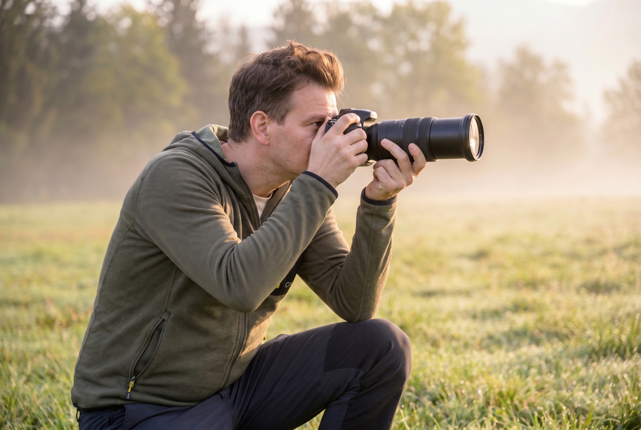 Photographe animalier en pleine nature effectuant une mise au point photo précise à l'heure dorée
