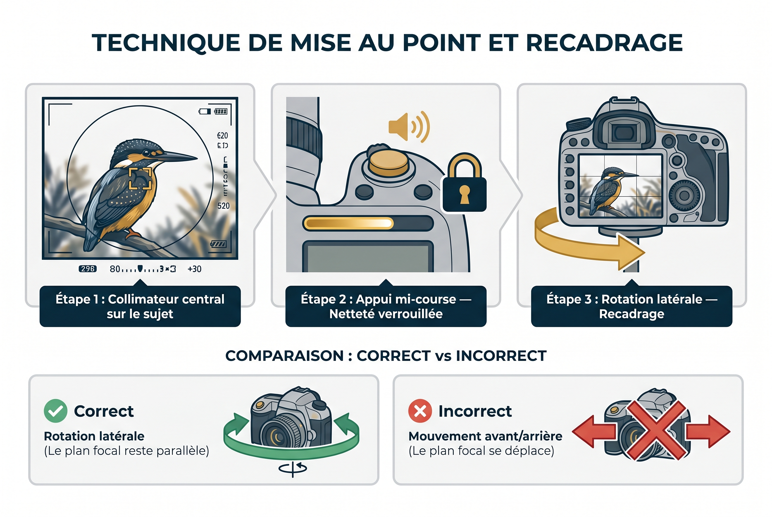Schéma pédagogique expliquant la technique de mise au point et recadrage : verrouillage de l'autofocus sur l'œil d'un oiseau et rotation latérale pour la composition.