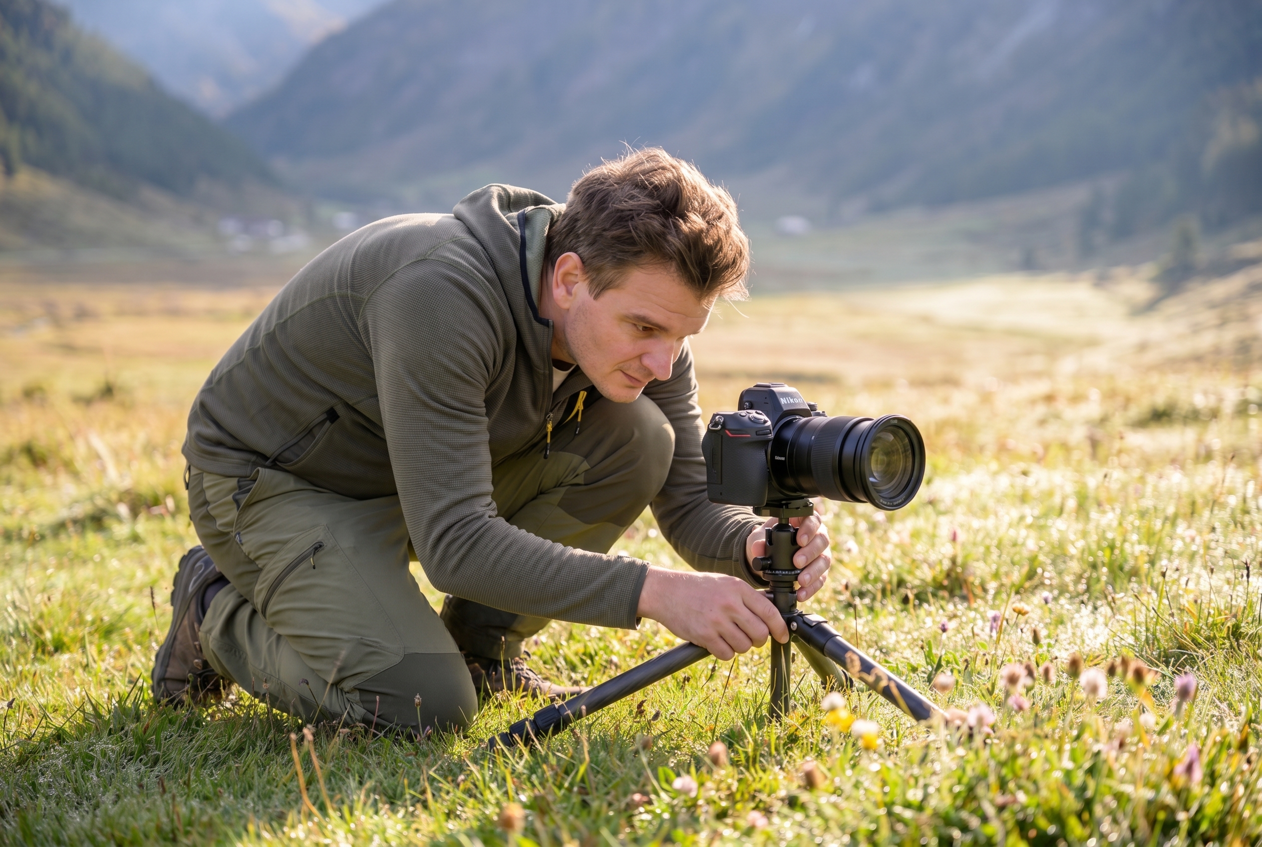 Comment photographier des paysages : le guide complet 23 Un photographe de nature agenouillé dans une prairie de montagne pour photographier des paysages avec des fleurs en premier plan.